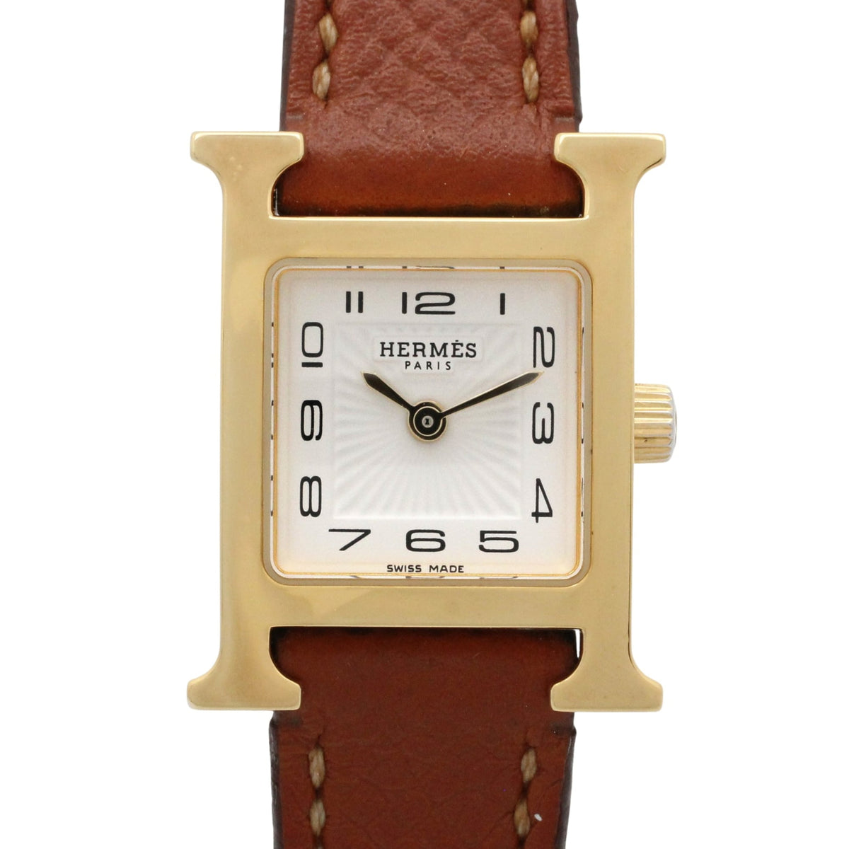 Pre-Owned Hermes H-Watch Mini Wristwatch, Gold Plated (GP), Leather Strap, Women's, White (HH1.101)