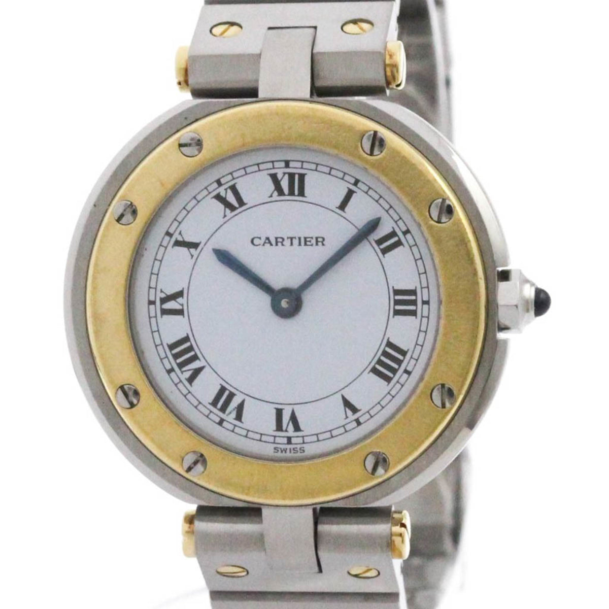 Pre-Owned CARTIER Santos Round 18K Gold Steel Quartz Ladies Watch Polished