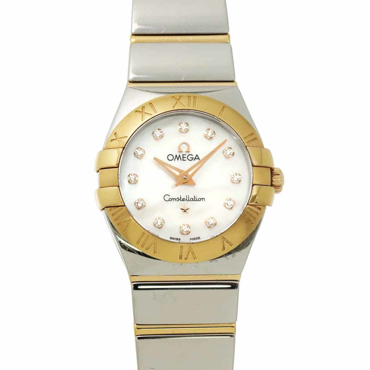 Pre-Owned OMEGA Constellation Two-tone 123 20 24 60 55 003 Women's Watch with 12 Diamonds, White Shell, 18K Gold, and Quartz Movement
