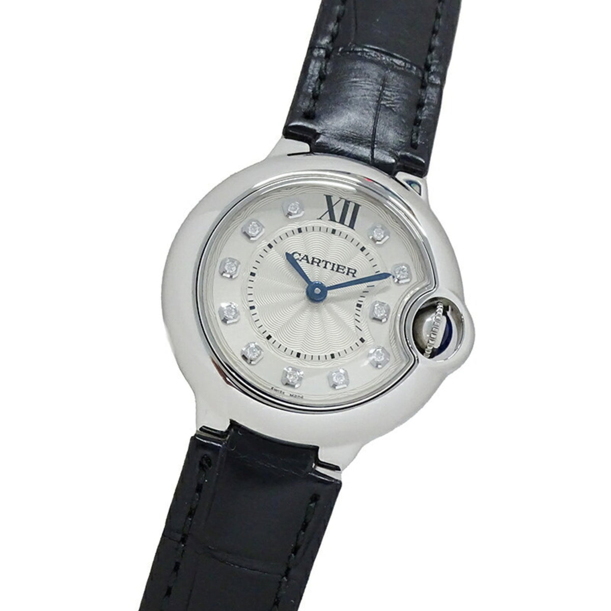 Montre Cartier Ballon Bleu 11P d'occasion pour femme, quartz, diamants, acier inoxydable, cuir, W4BB0008, ronde, argent, noir, polie 
