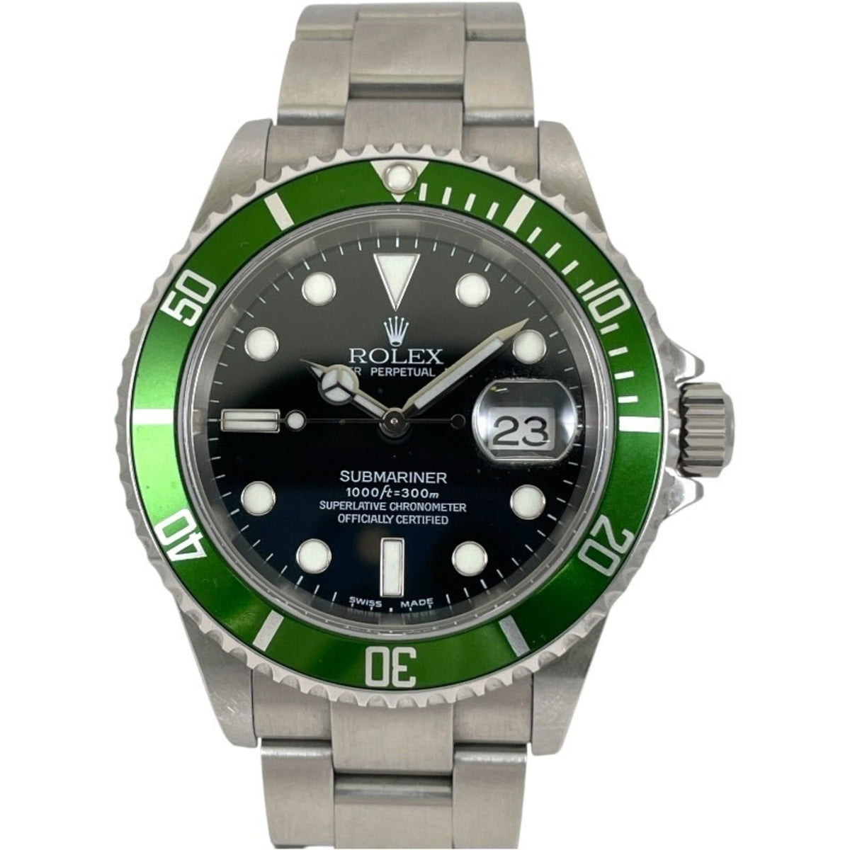 Pre-Owned ROLEX Submariner Date 16610LV Stainless Steel Men's Watch, F Series, Big Swiss, Green