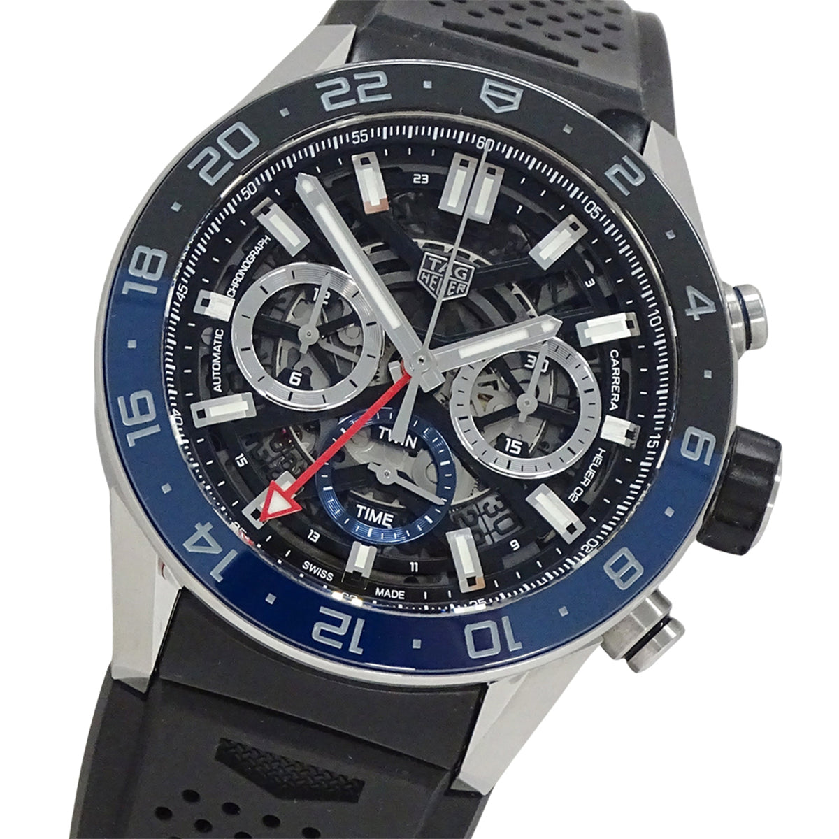 Pre-Owned TAG Heuer Carrera CBG2A1Z FT6157 Men's Watch, 02 Chronograph GMT Automatic, Stainless Steel with Rubber Skeleton, Polished