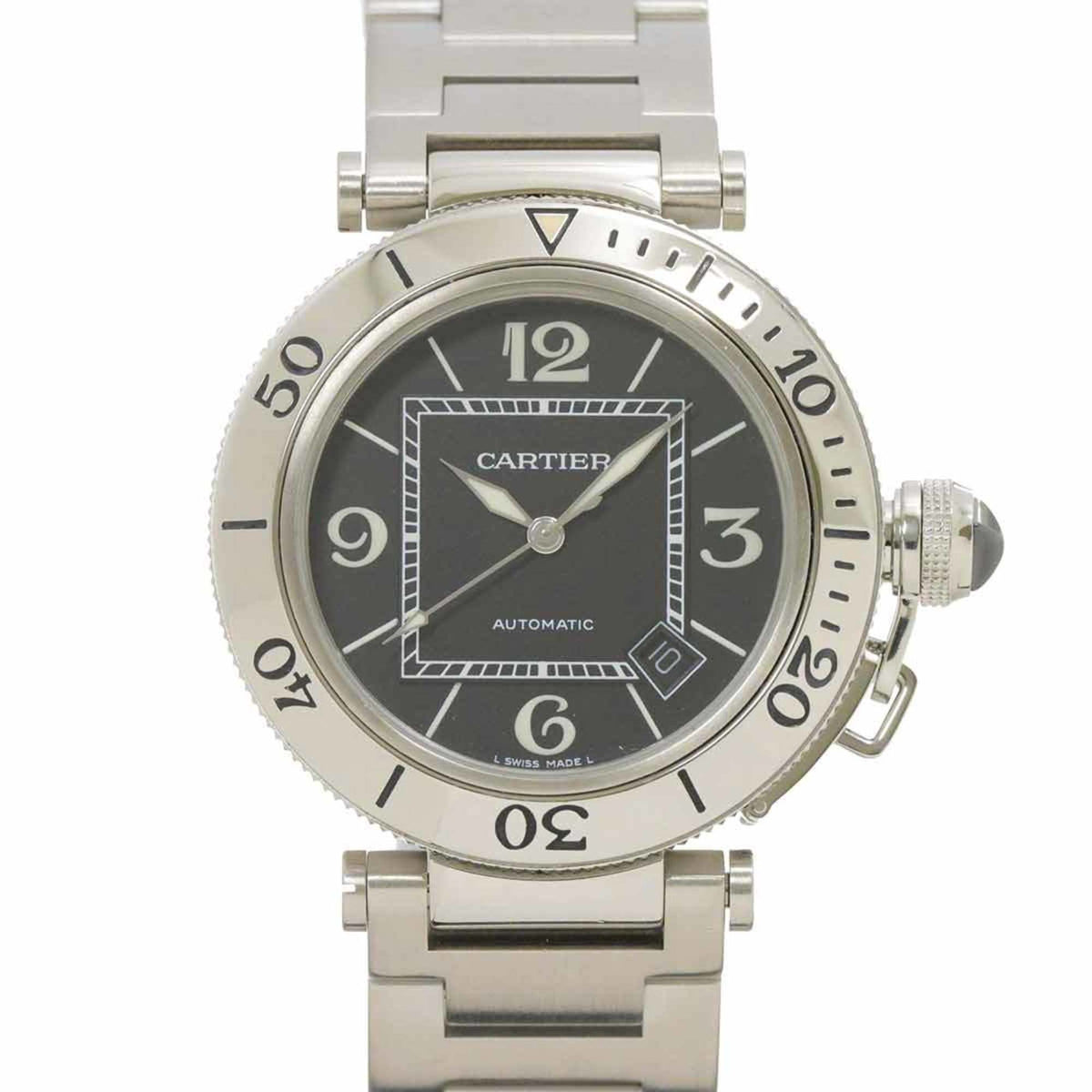 Pre-Owned Cartier Pasha Seatimer W31077M7 Men's Automatic Watch with Date Display, Black