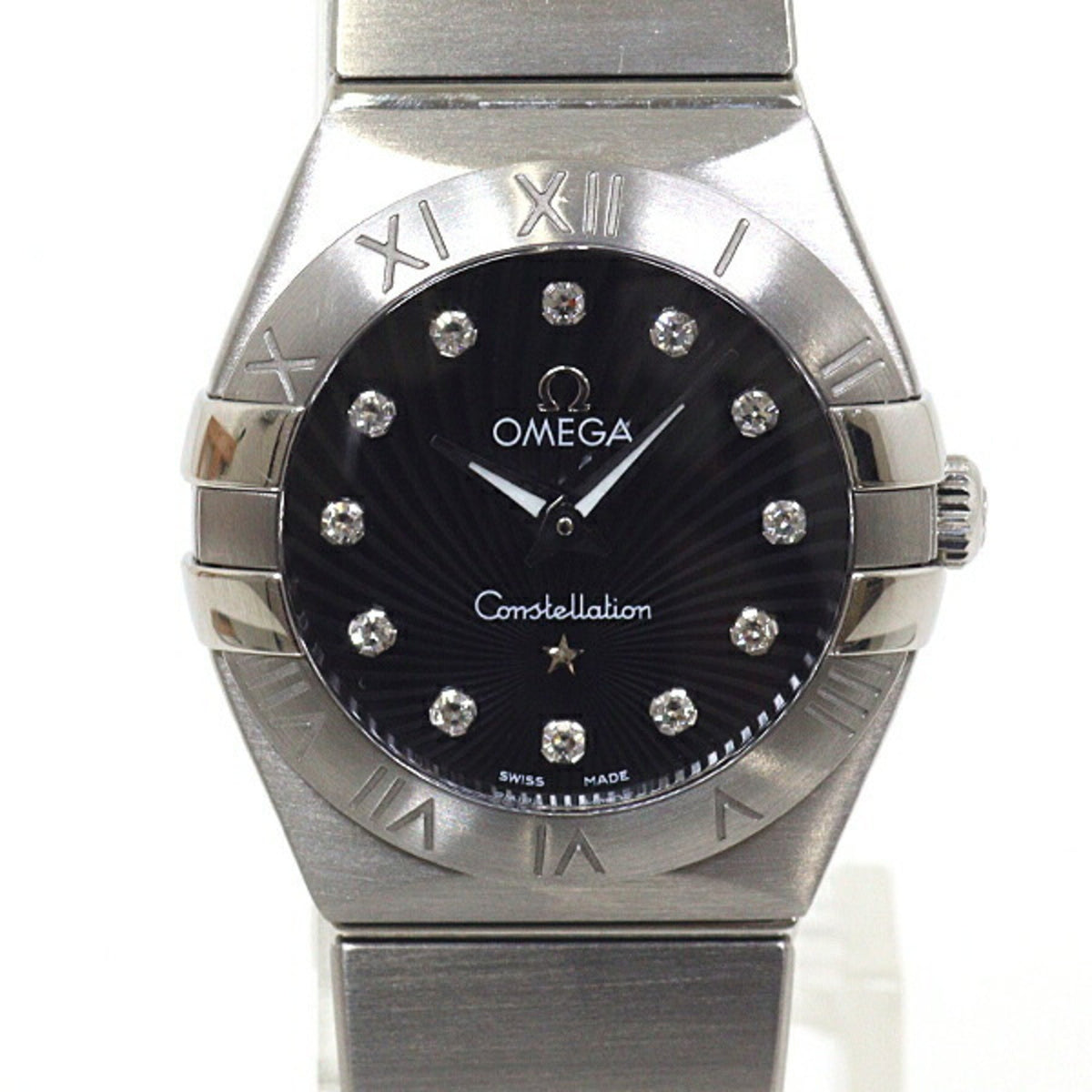 Montre Omega Constellation pour femme d'occasion, cadran noir brossé, diamants 12P, finition quartz 