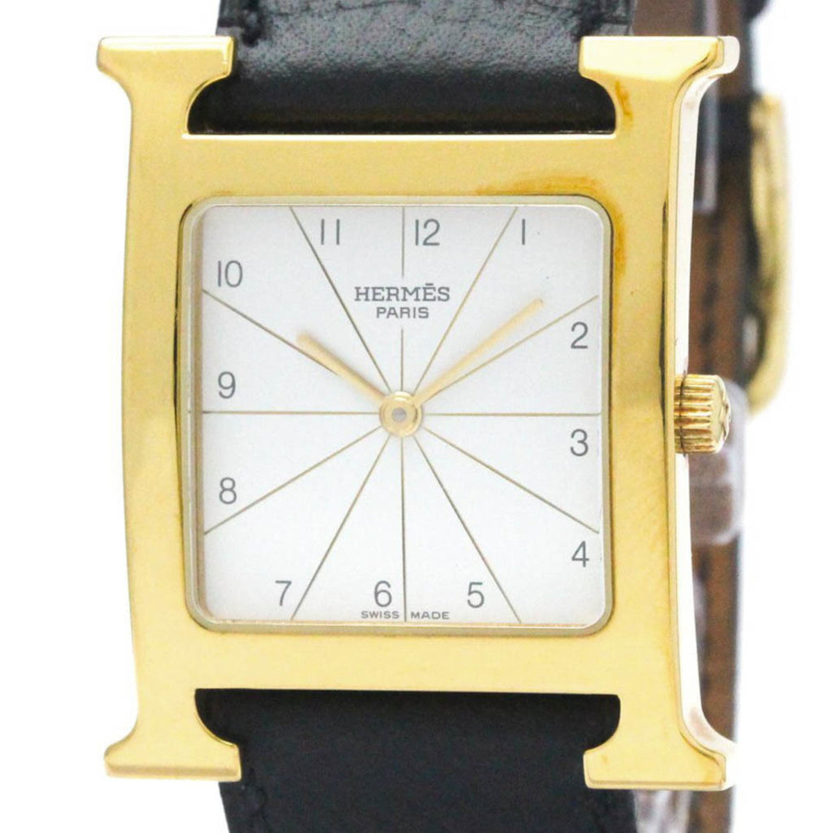 Pre-Owned HERMES H Watch Gold Plated Leather Quartz Mens Watch HH1.501 BF569965