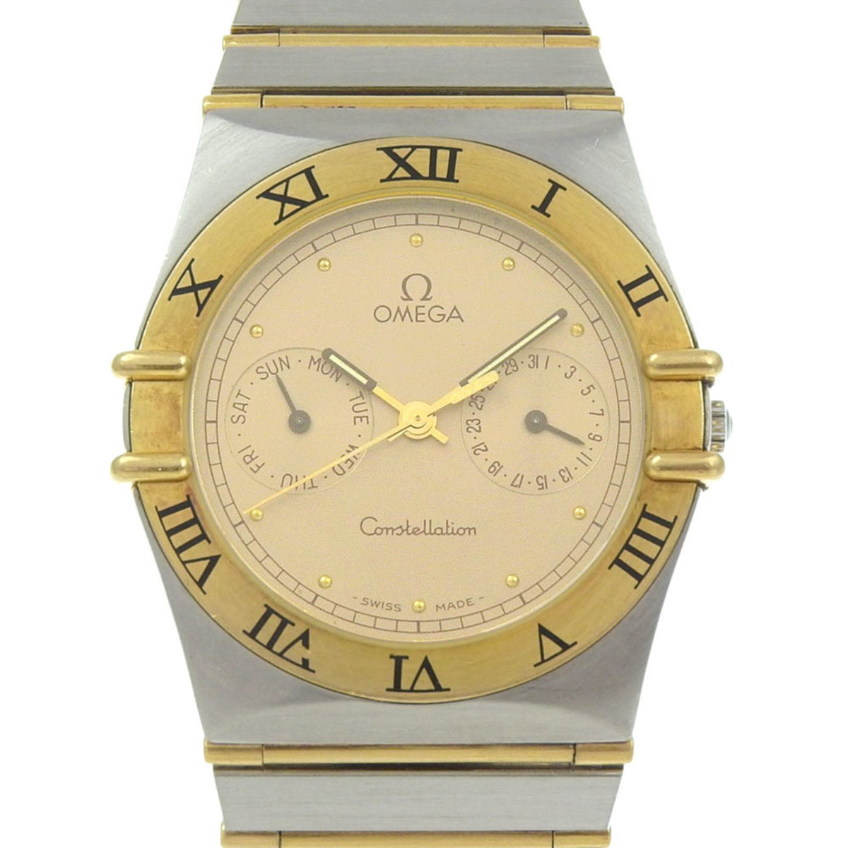 Pre-Owned OMEGA Constellation Day-Date Watch in Stainless Steel with Gold Plated Finish, 1989, Quartz Movement, Analog Display, Dial, Unisex
