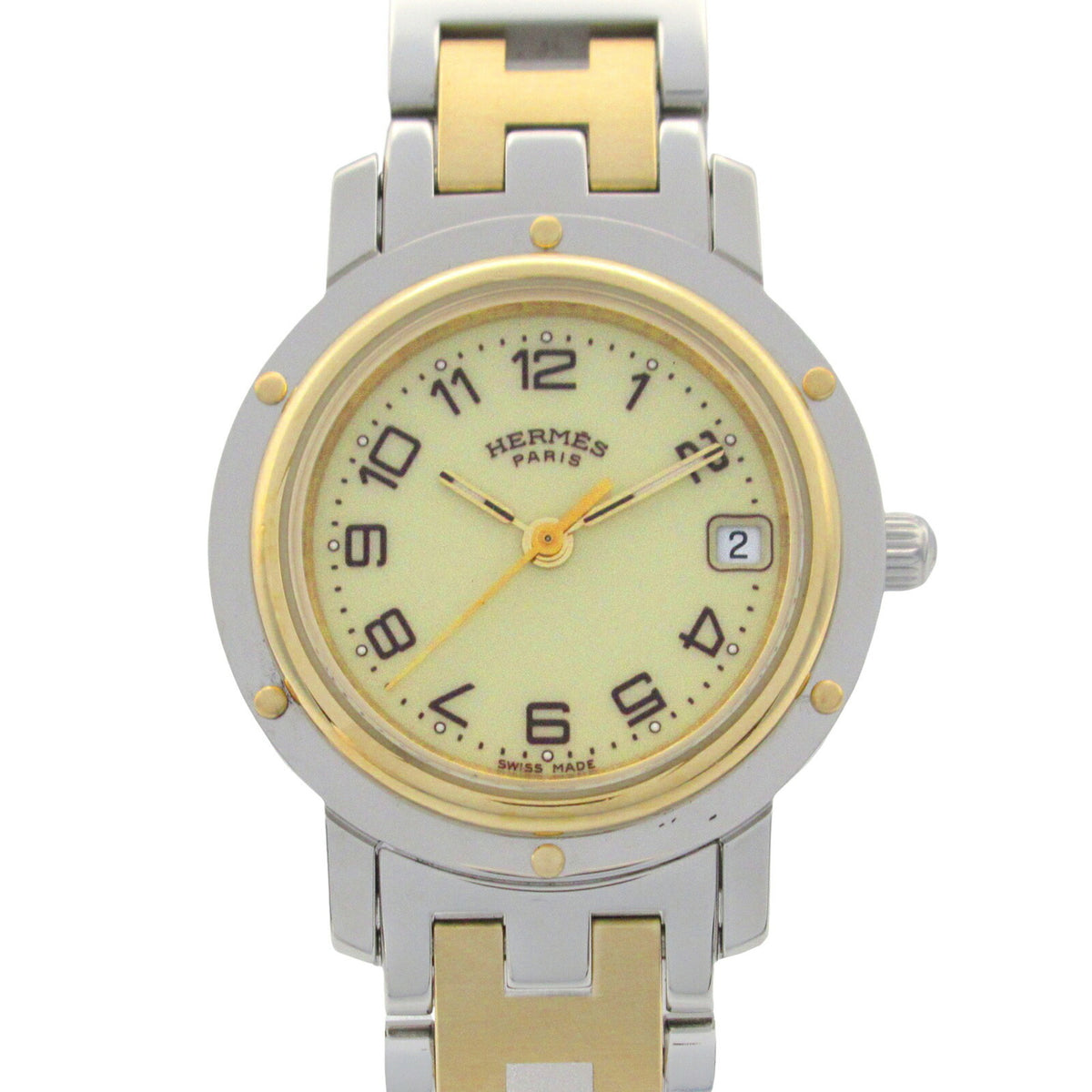 Montre Hermes Clipper GP d'occasion (plaquée or) en acier inoxydable pour femme, couleur ivoire CL4.220 