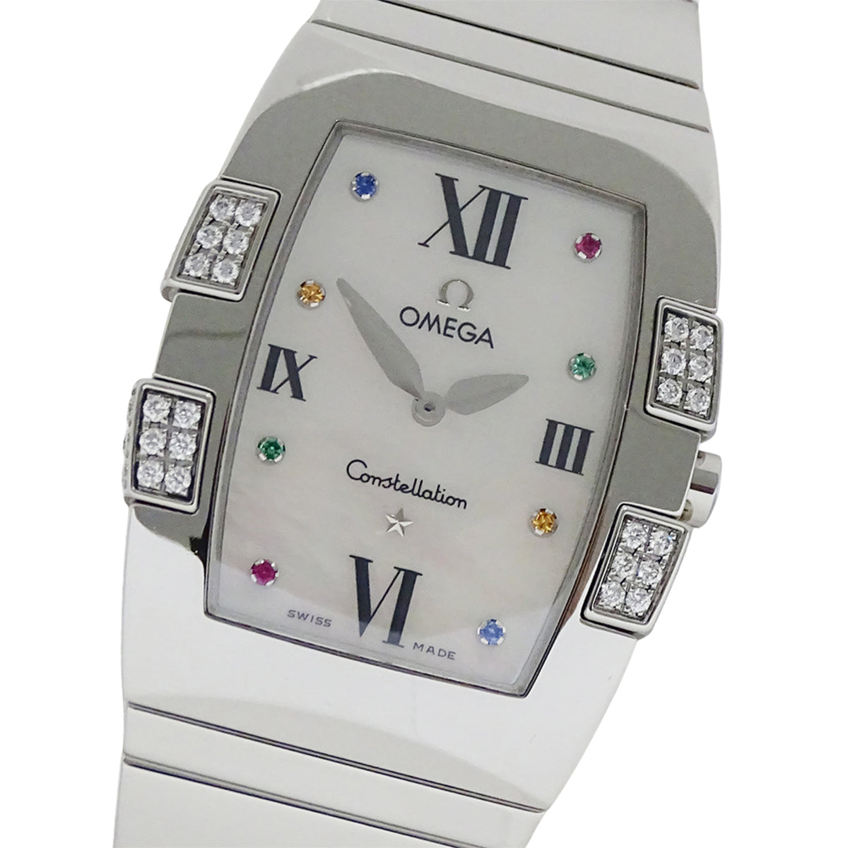 Pre-Owned OMEGA Constellation Quadrella 1586.79 Boys' Brand Watch with Shell, Diamond, and Colored Stones, Quartz Movement, QZ Stainless Steel, Silver Polished