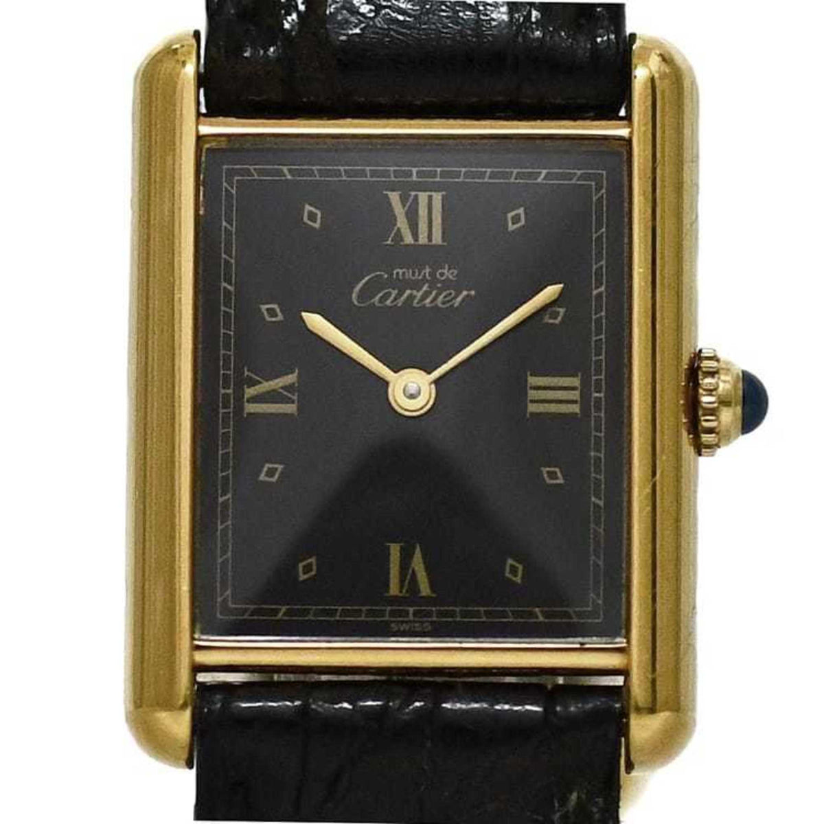 Pre-Owned Cartier Must Tank LM Vermeil Watch f-24337 Black Gold W1001254 Stainless Steel GP Leather Quartz 55*** 590*** Square Battery-Operated Dial Men's Women's