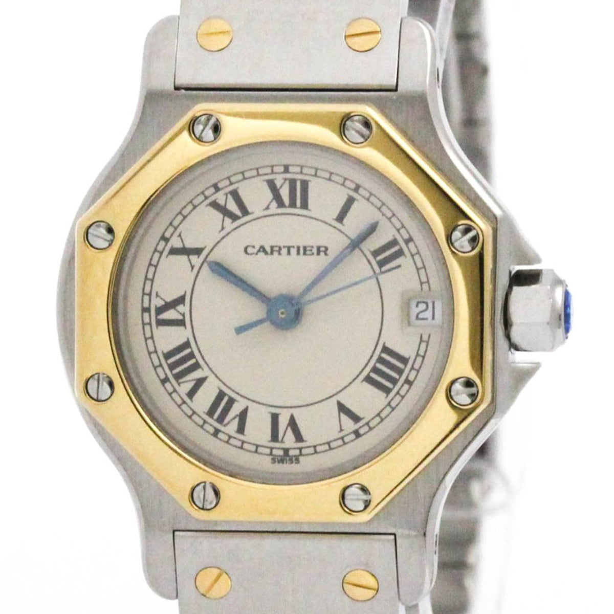 Pre-Owned CARTIER Santos Octagon 18K Gold Steel Quartz Ladies Watch 187903 Polished