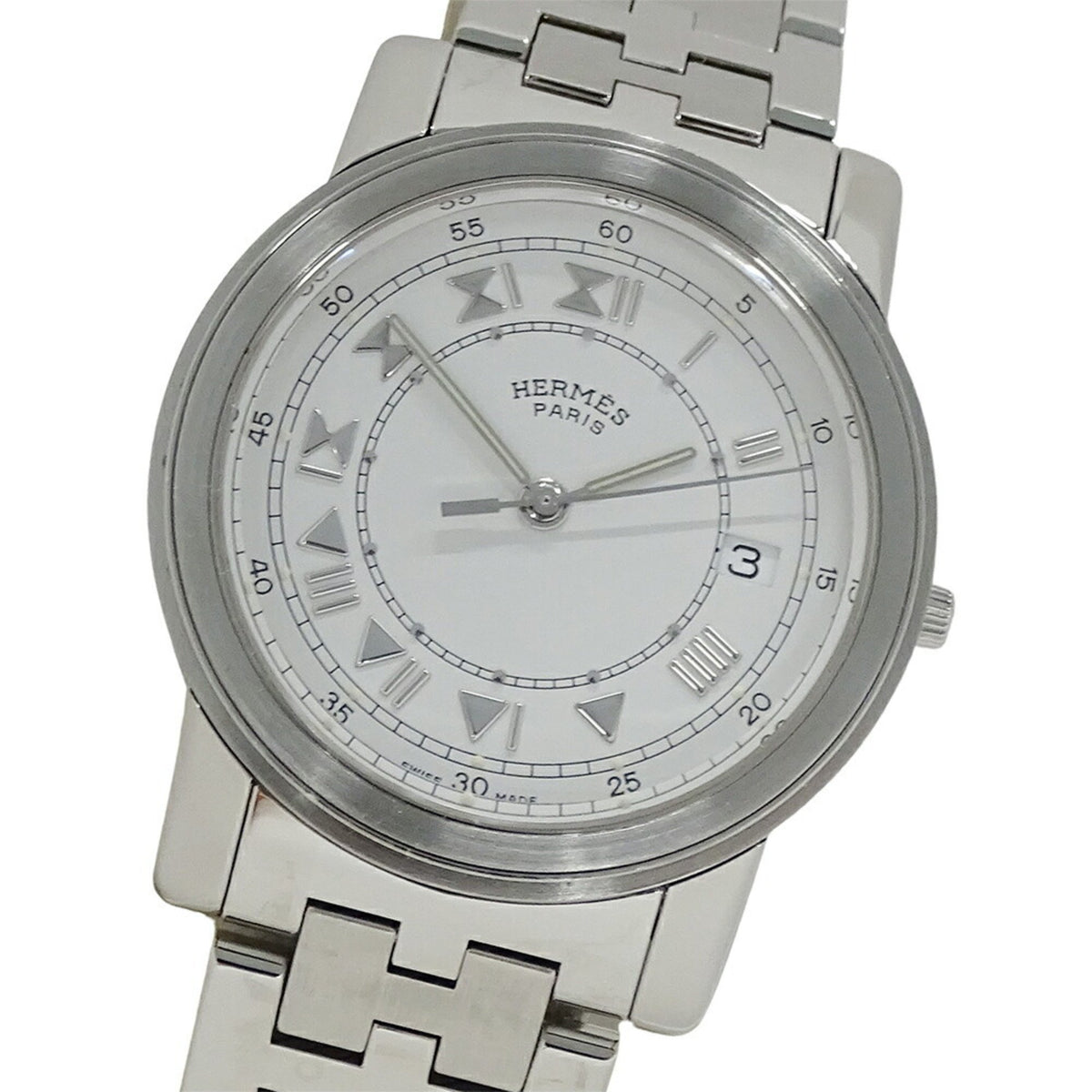 Pre-Owned Hermes HERMES Watch Men's Carrick Date Quartz Stainless Steel SS Silver White Round Polished