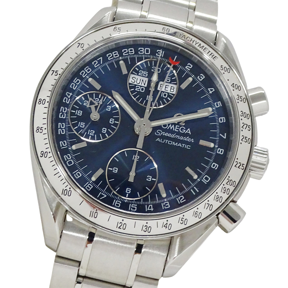 Pre-Owned OMEGA Speedmaster 3523.80 Men's Watch, Triple Calendar, Automatic, Stainless Steel, Silver, Blue, Polished