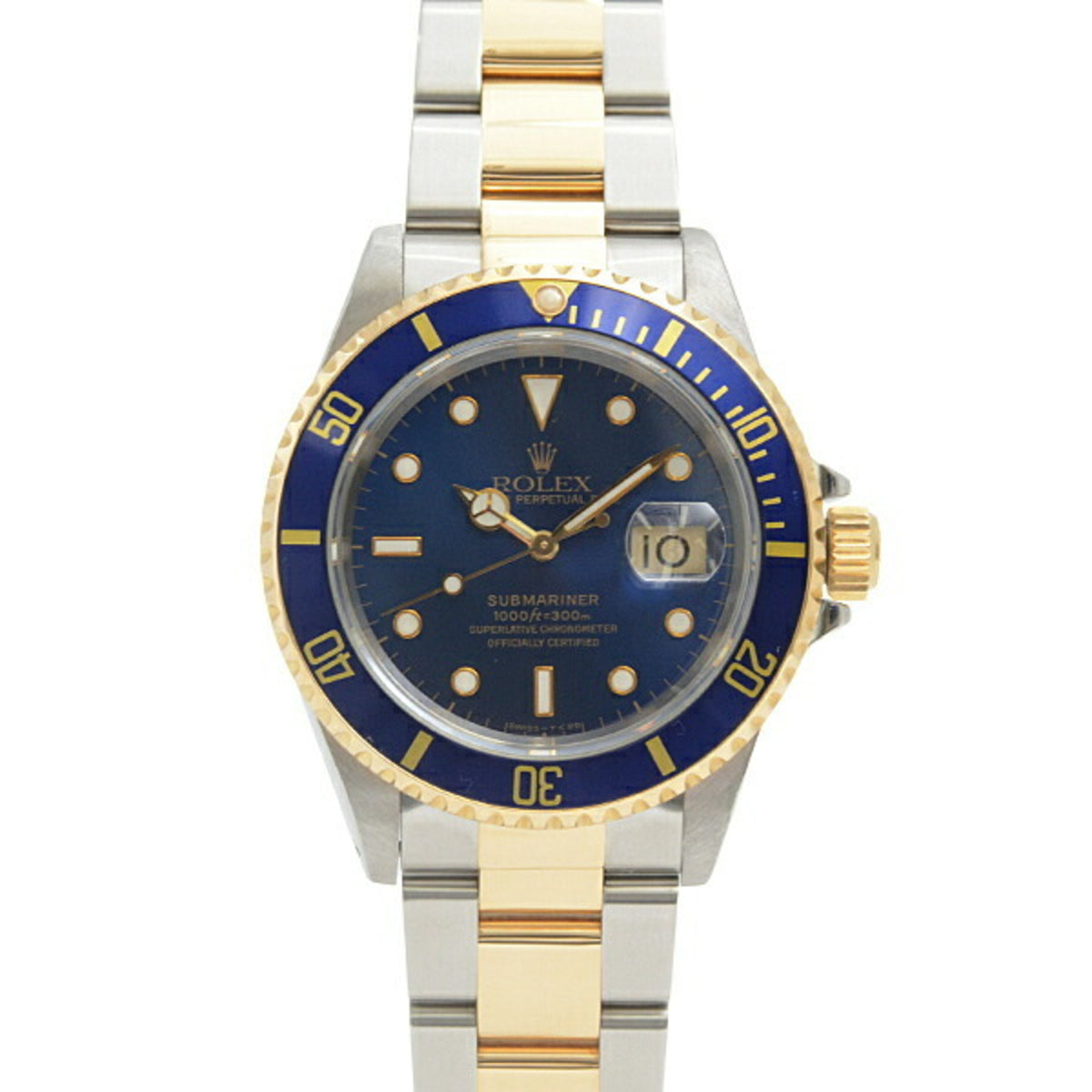 Montre Rolex Submariner d'occasion pour homme, cadran bleu, mouvement automatique, numéro W, acier inoxydable, or, référence ROLEX 16613 SS x 750YG 