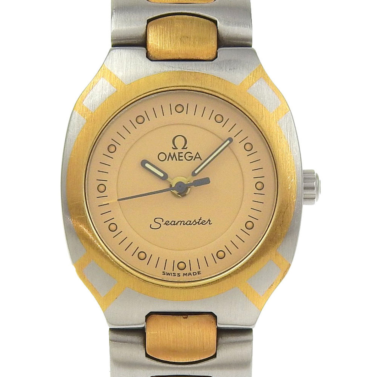 Pre-Owned OMEGA Seamaster Polaris watch, caliber 1460, stainless steel with yellow gold dial, 1986, quartz movement, analog display, for women.