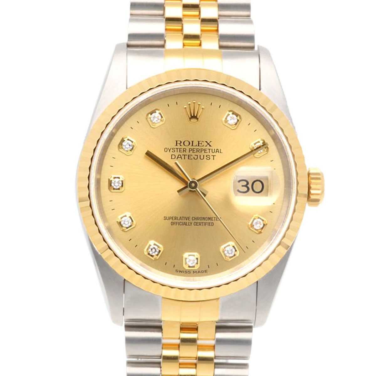 Pre-Owned Rolex Datejust Oyster Perpetual Watch, Stainless Steel, 16233G, Automatic, Men's, ROLEX U-Serial, 1997 Model, 10 Diamonds, Manufacturer Overhauled