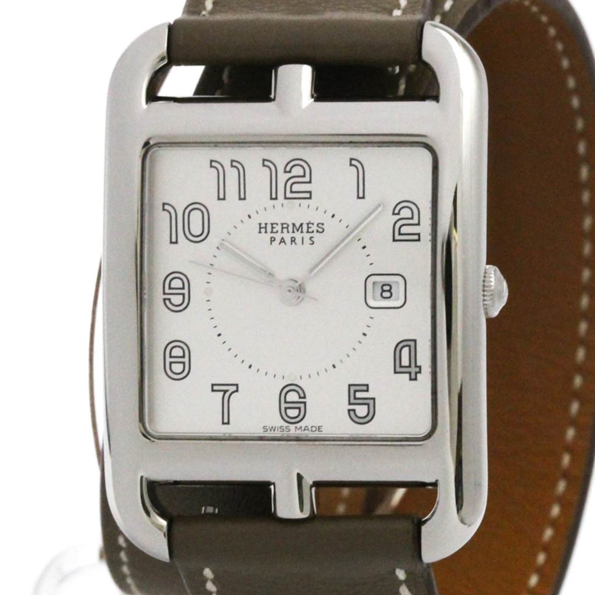 Pre-Owned HERMES Cape Cod Steel Leather Quartz Mens Watch CC2.710 Polished