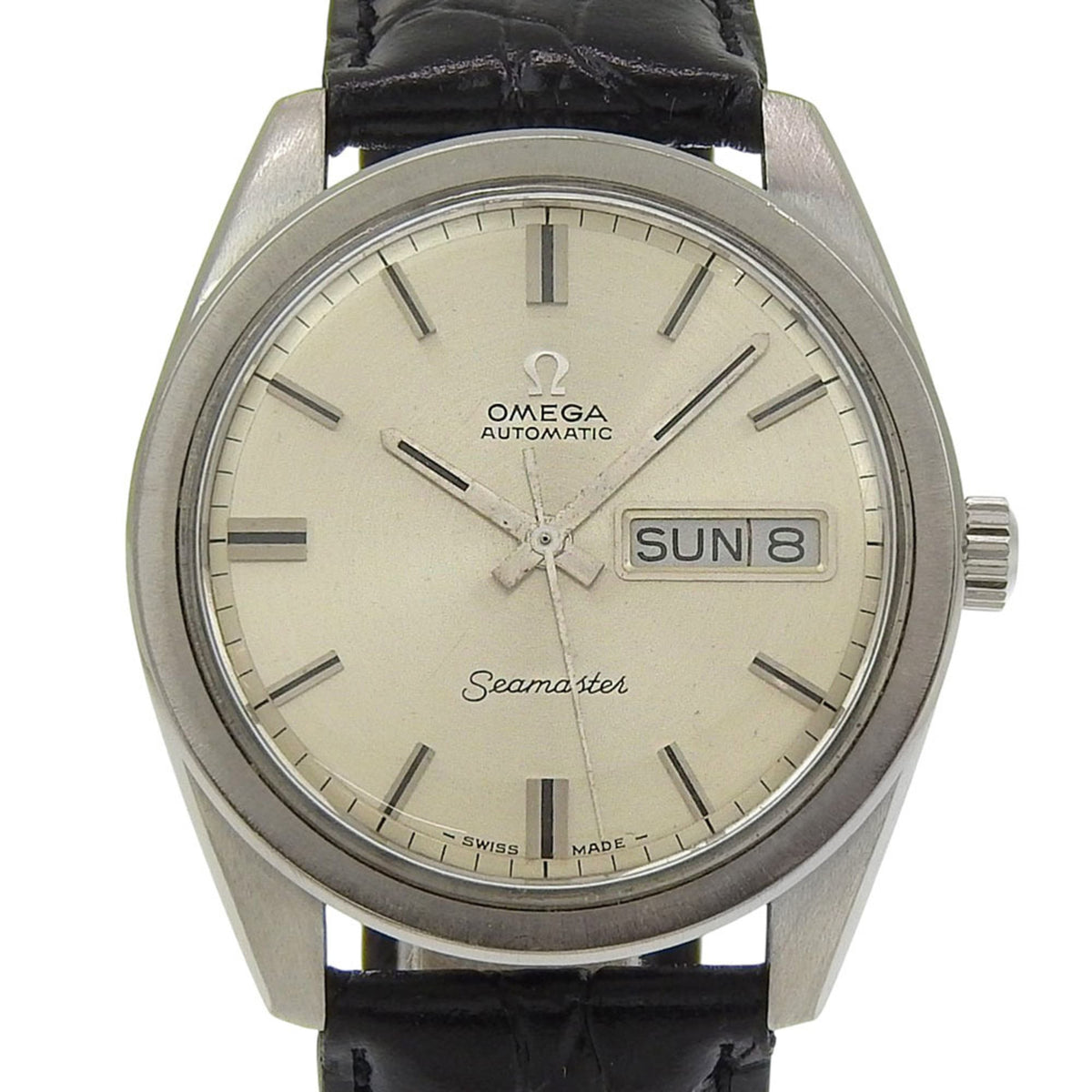 Pre-Owned Omega Seamaster Day Date watch, cal. 752, stainless steel with embossed leather strap, automatic movement, analog, silver dial, men's.