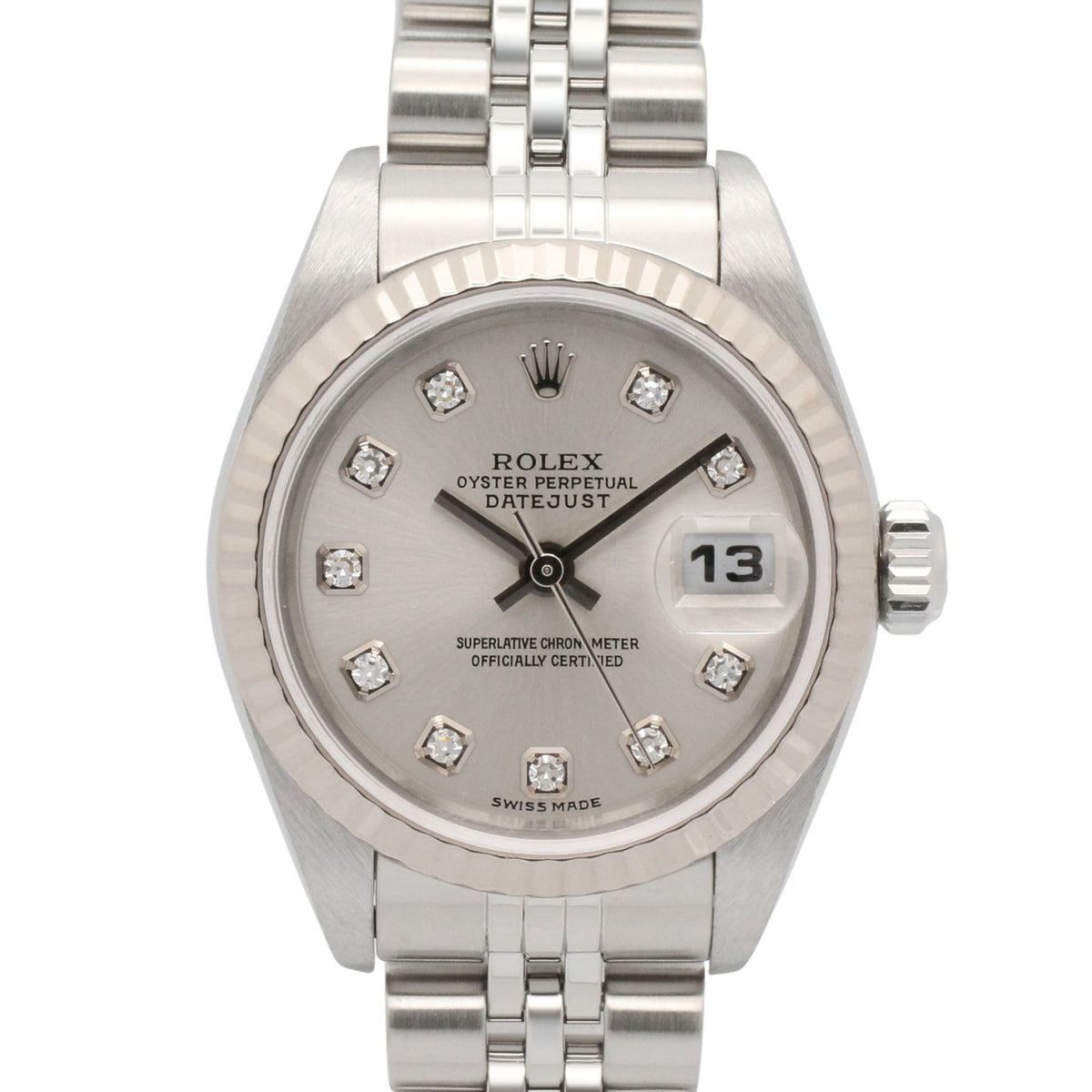 Pre-Owned Rolex Datejust 10P Diamond F-serial Watch, 18K White Gold (WG) Stainless Steel, Diamond, Ladies', Silver Tone, New 79174G