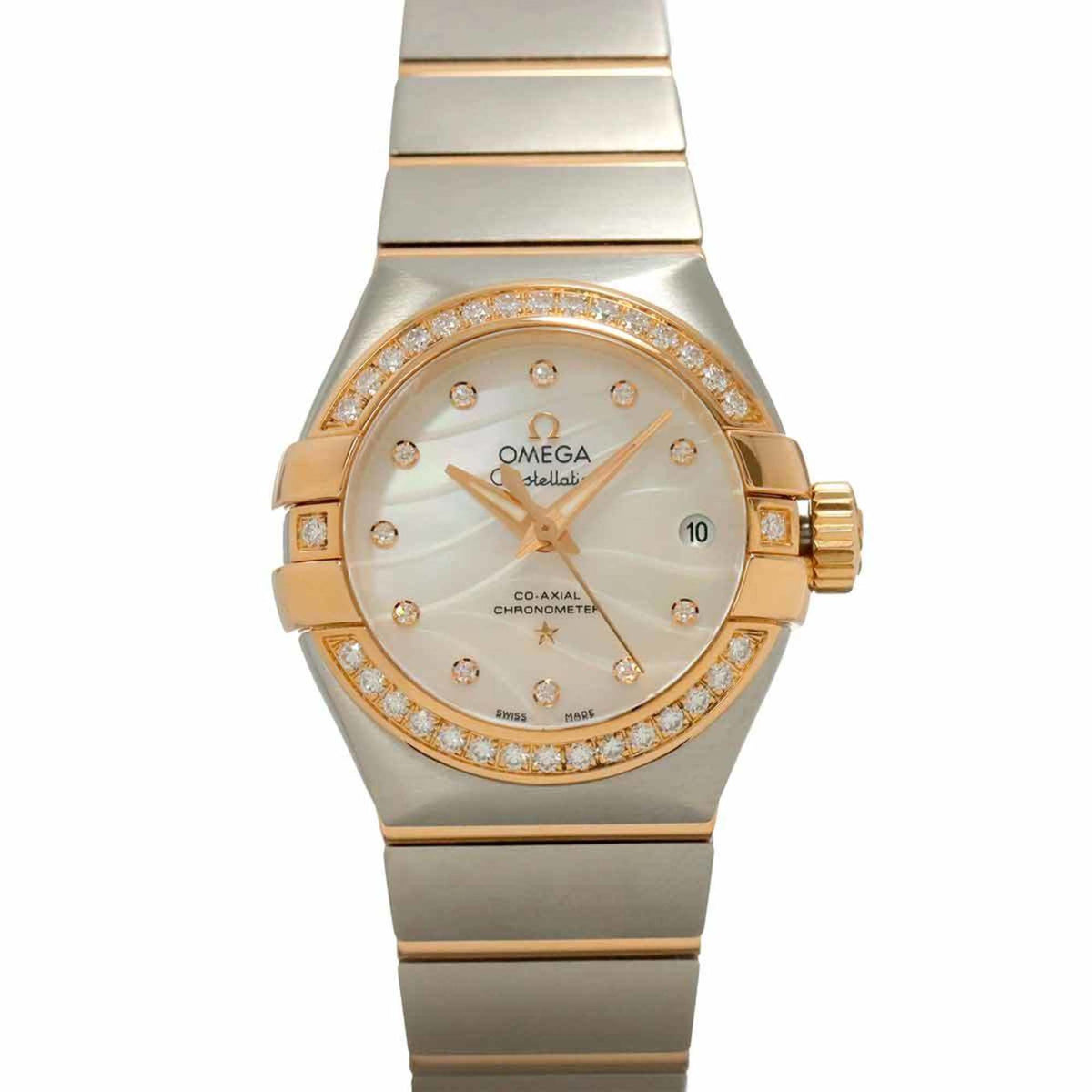 Pre-Owned OMEGA Constellation Co-Axial Two-Tone 123 25 27 20 55 005 Women's Watch with 11 Diamond Bezel, Date Display, White Shell, 18K Gold, Automatic
