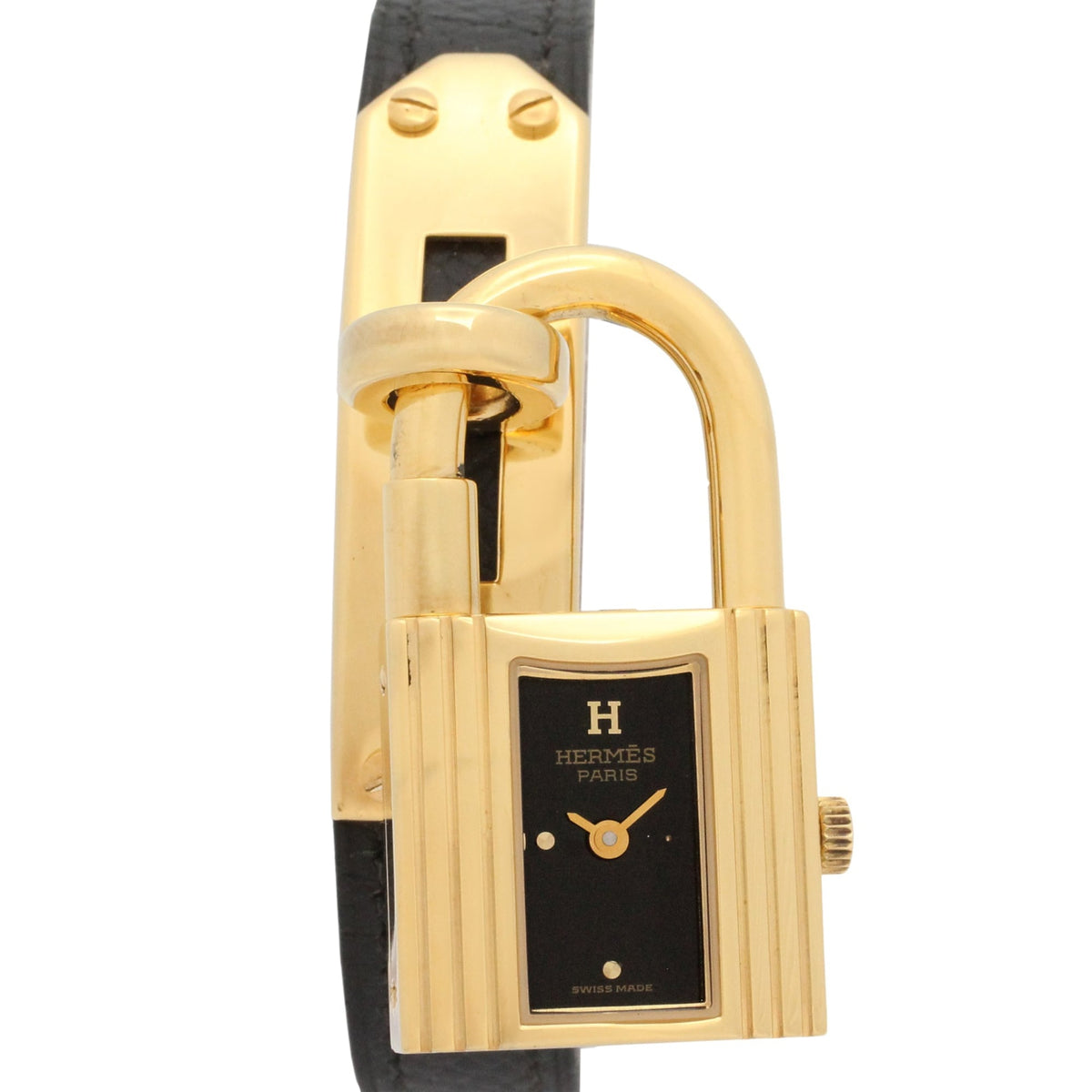 Pre-Owned Hermes Kelly Watch, Gold Plated (GP), Leather Strap, Women's, Black, KE1.201