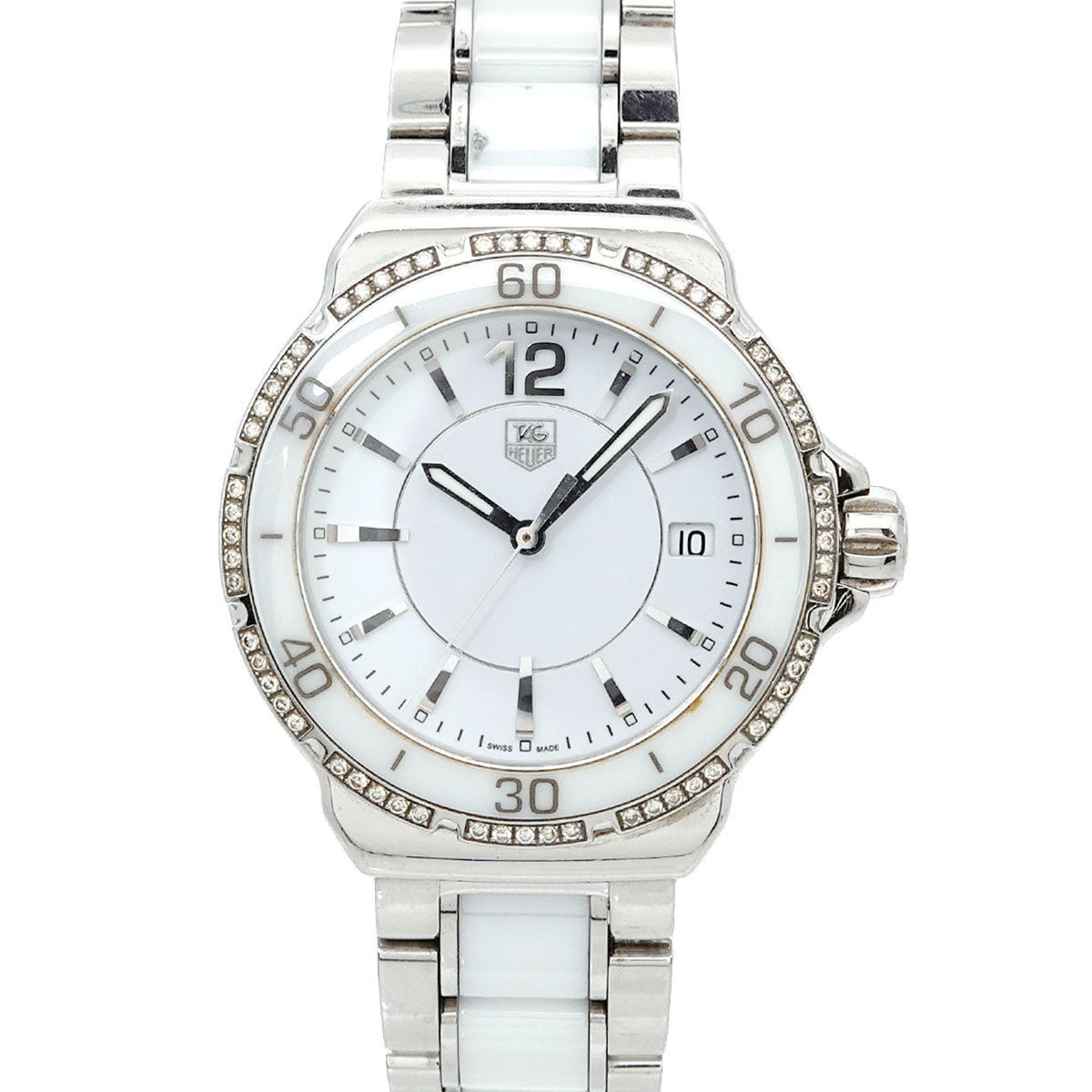 Montre TAG Heuer Formula 1 WAH1213 d'occasion pour femme, lunette diamantée, date, céramique blanche, quartz 