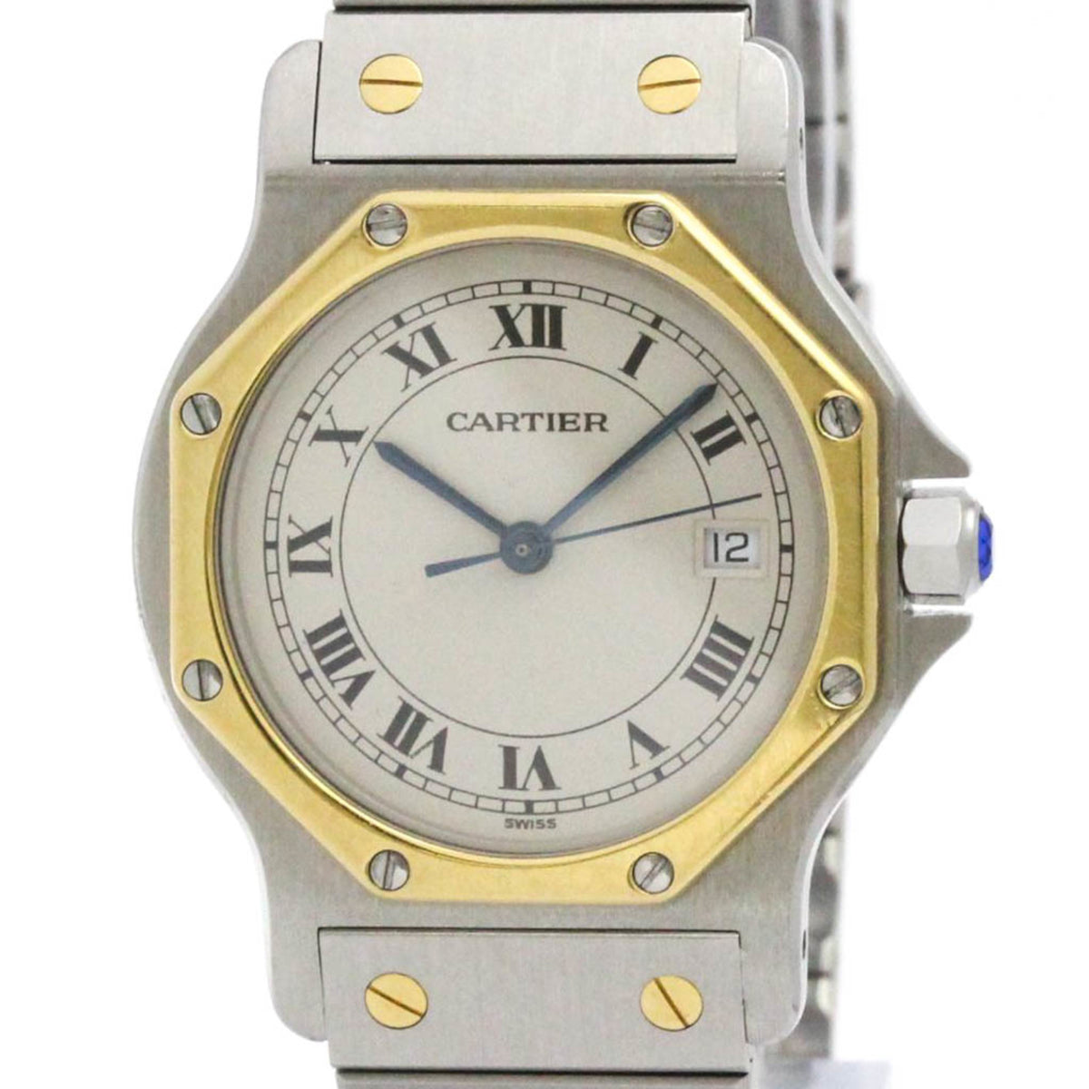 Pre-Owned CARTIER Santos Octagon 18K Gold Steel Mid Size Watch 187902 Polished