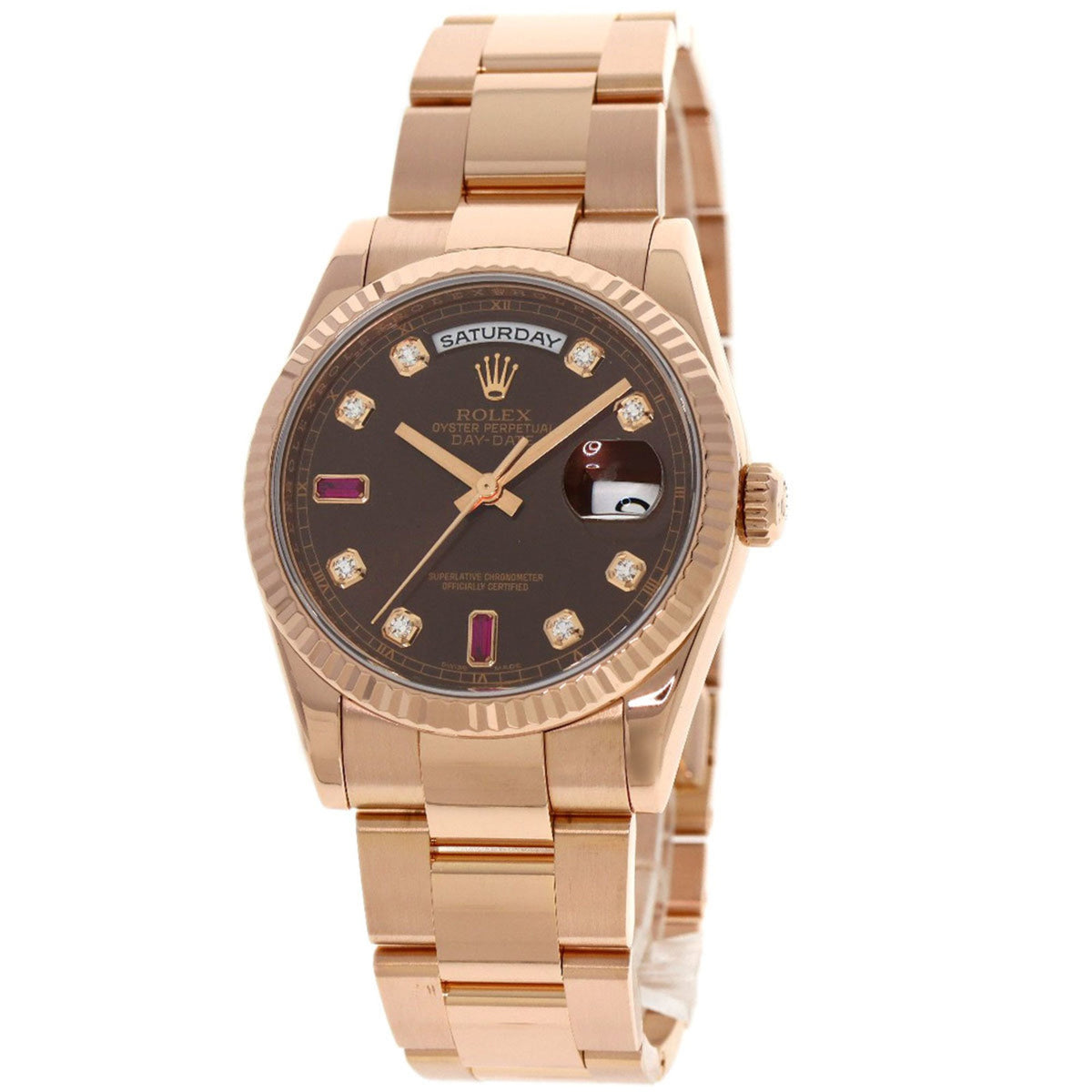 Pre-Owned Rolex 118235F Day-Date Ruby and Diamond Watch in 18K Pink Gold/Everose Gold for Men
