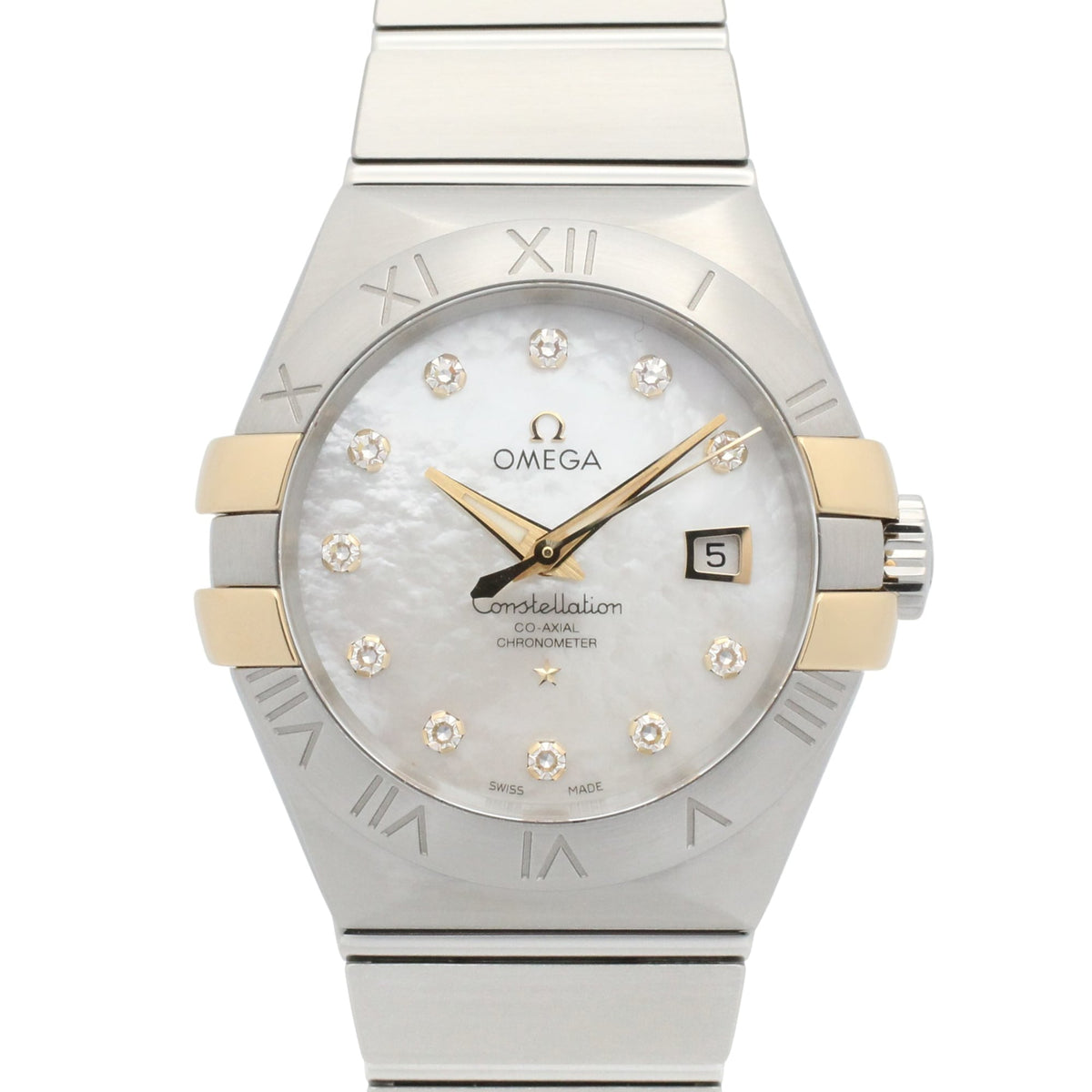 Pre-Owned Omega Constellation watch, 18K yellow gold stainless steel, women's, white dial with mother-of-pearl case, model number 123.20.31.20.55.004