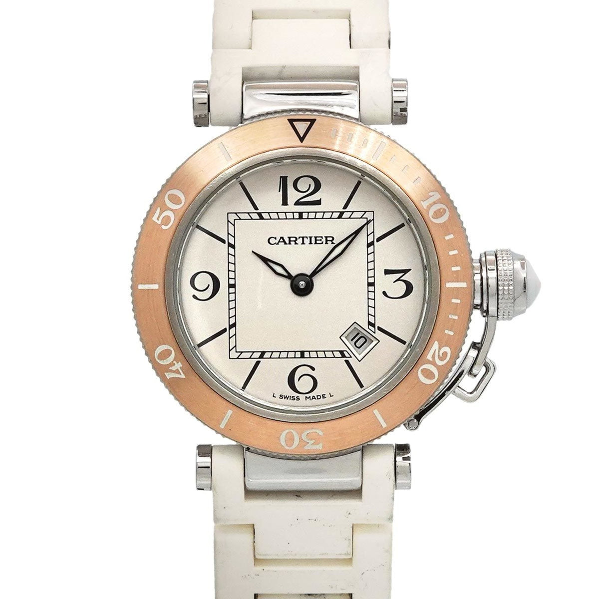 Pre-Owned Cartier Pasha Seatimer Two-Tone Watch W3140001 Women's Silver PG Quartz with Date Display
