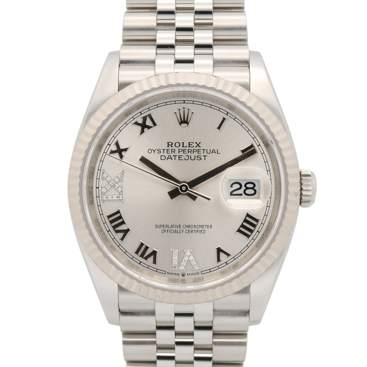Pre-Owned Rolex Datejust VI IX Diamond Random Serial Number Watch 18K White Gold (18KWG) Stainless Steel Men's Silver Tone Roman Numerals 126234
