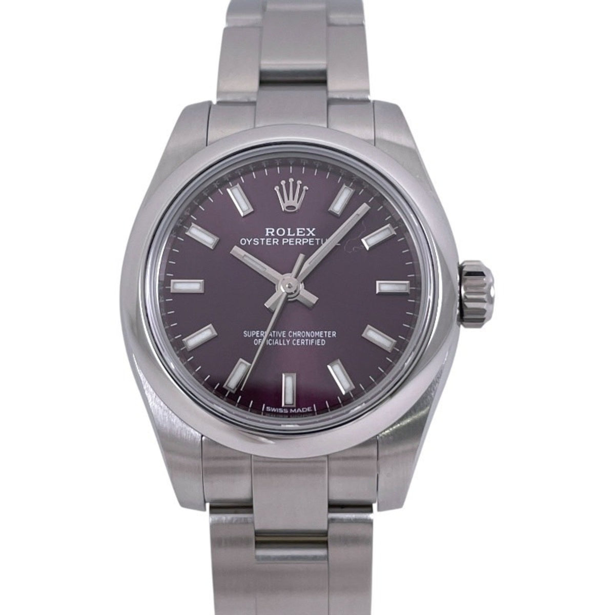 Pre-Owned ROLEX Oyster Perpetual 176200 Stainless Steel Women's Watch, Random Number, 2019 Warranty, Red Grape Dial