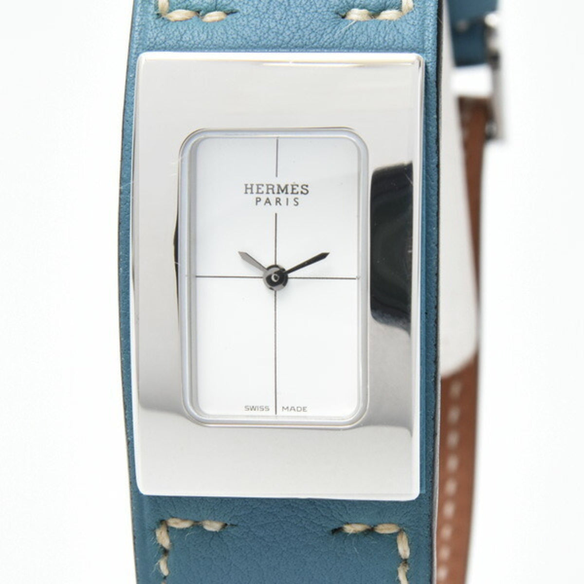 Montre Hermes d'occasion pour femme Cherche Midi, quartz, acier inoxydable, cuir, cadran blanc, bleu jean, CM1.210 