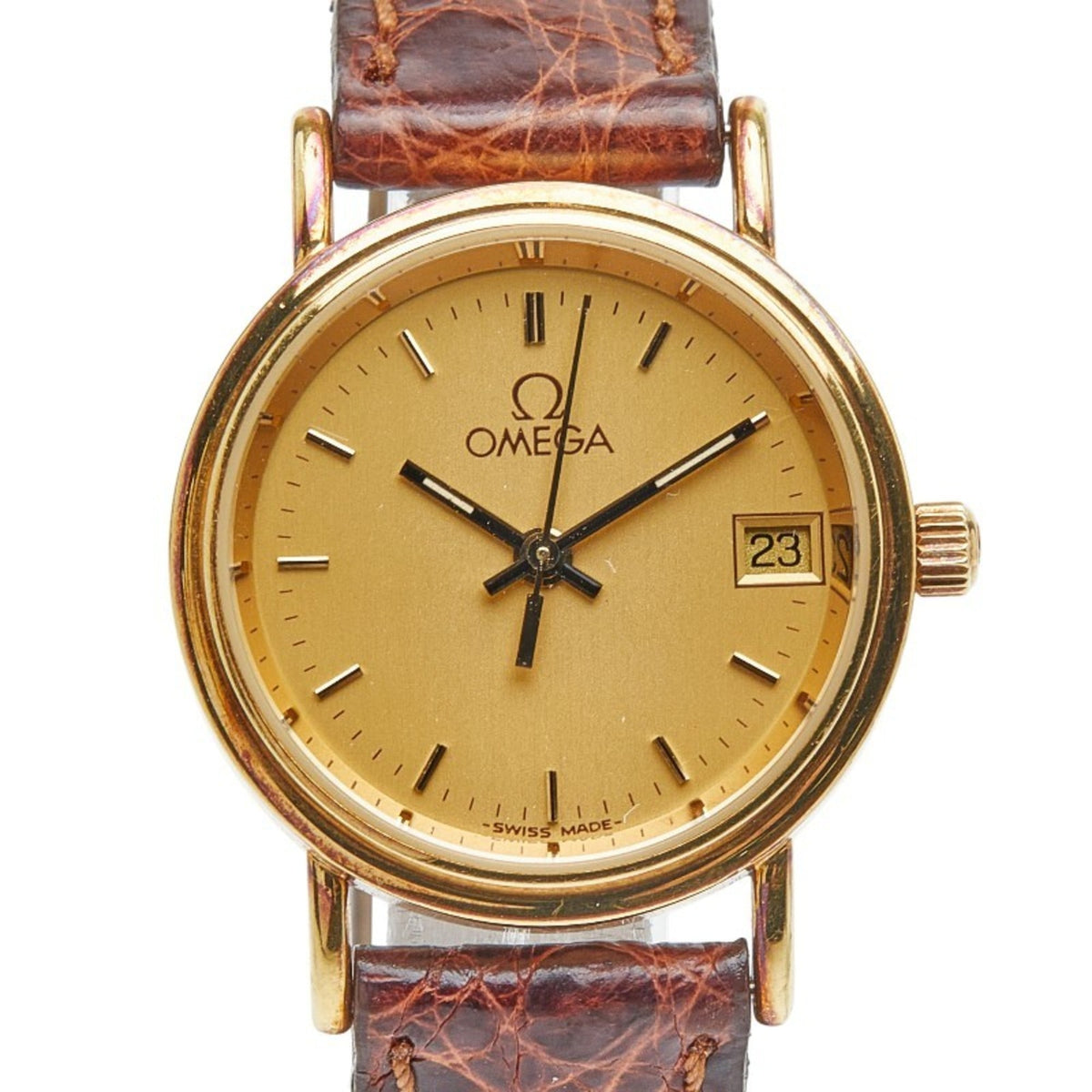 Pre-Owned OMEGA Women's Watch 79801112 Quartz Gold Dial Stainless Steel Leather