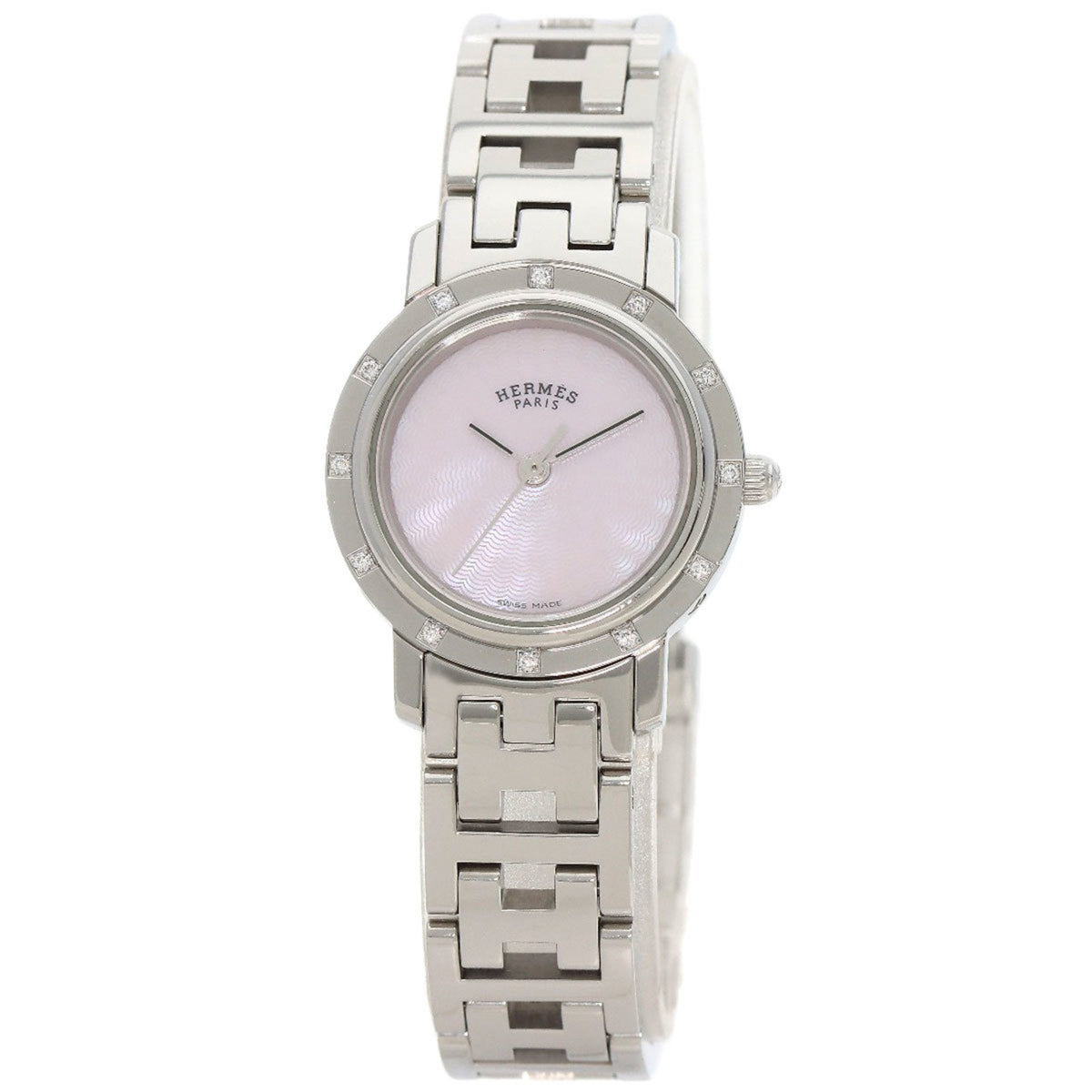 Pre-Owned Hermes CL4.230 Clipper Nacle 12P Diamond Watch Stainless Steel SS Ladies HERMES