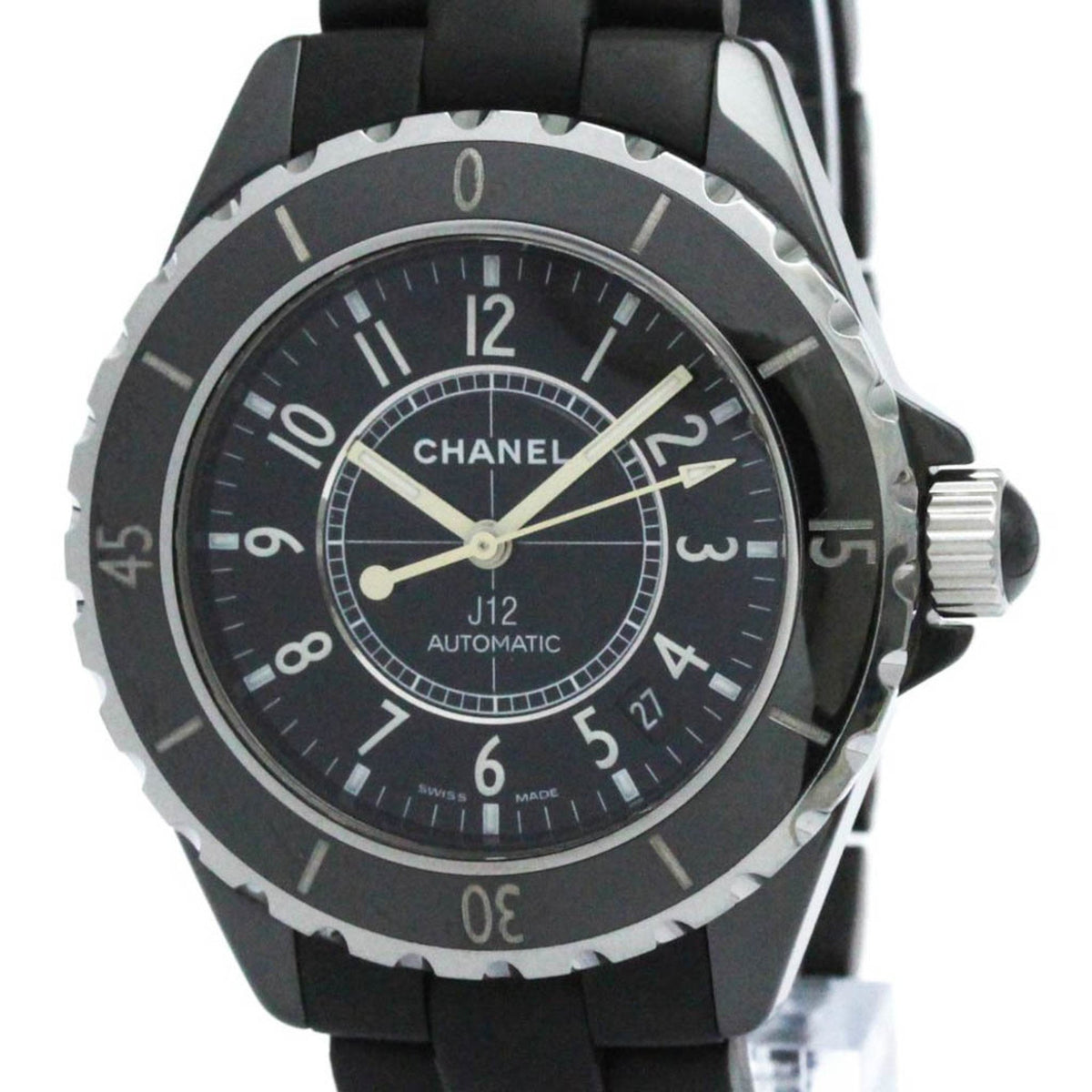 Pre-Owned CHANEL J12 Ceramic Rubber Automatic Mens Watch H0684 Polished