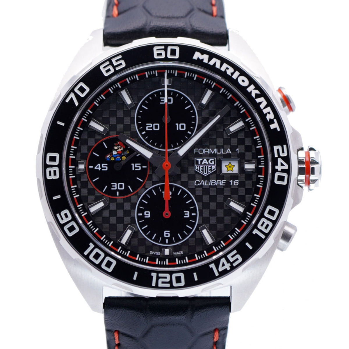 Pre-Owned Like new TAG Heuer Formula 1 Mario Kart Chronograph CAZ201E.FC6517 Automatic Watch with Stainless Steel/Embossed Leather and Black Dial, Model 0102, Men's