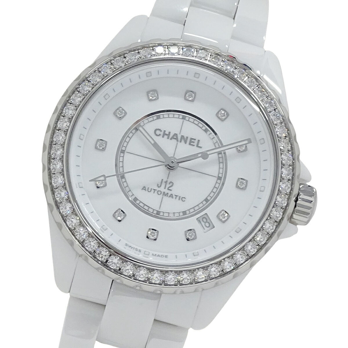 Gebrauchte CHANEL Uhr für Jungen J12 Kaliber 12.1 Diamant Datum Automatik AT Weiße Keramik Edelstahl SS H7189 Poliert 