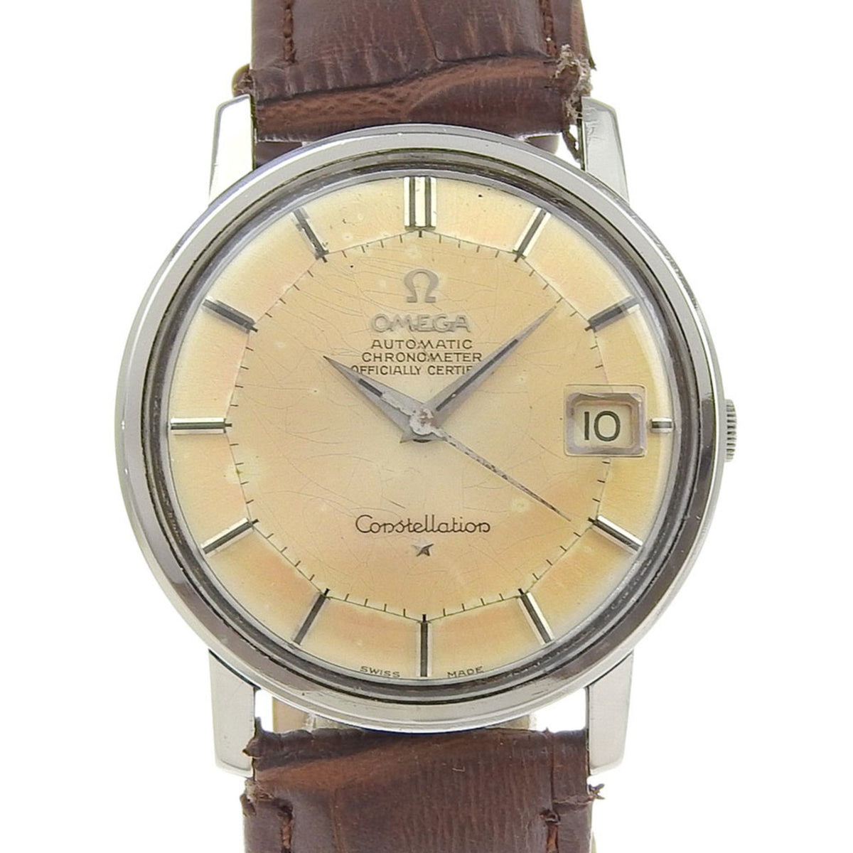 Pre-Owned OMEGA Constellation Men's Watch 168.005 Stainless Steel with Embossed Leather Strap, Automatic, Analog Display, Beige Dial, B-Rank