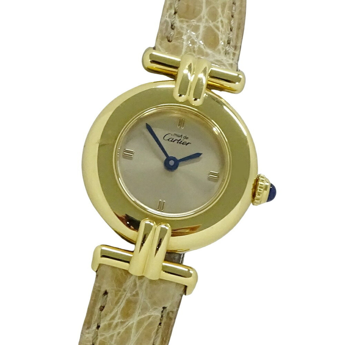 Gebrauchte Cartier Must Colisee Vermeil Quarz 925 Leder W1000654 Runde Damenuhr 
