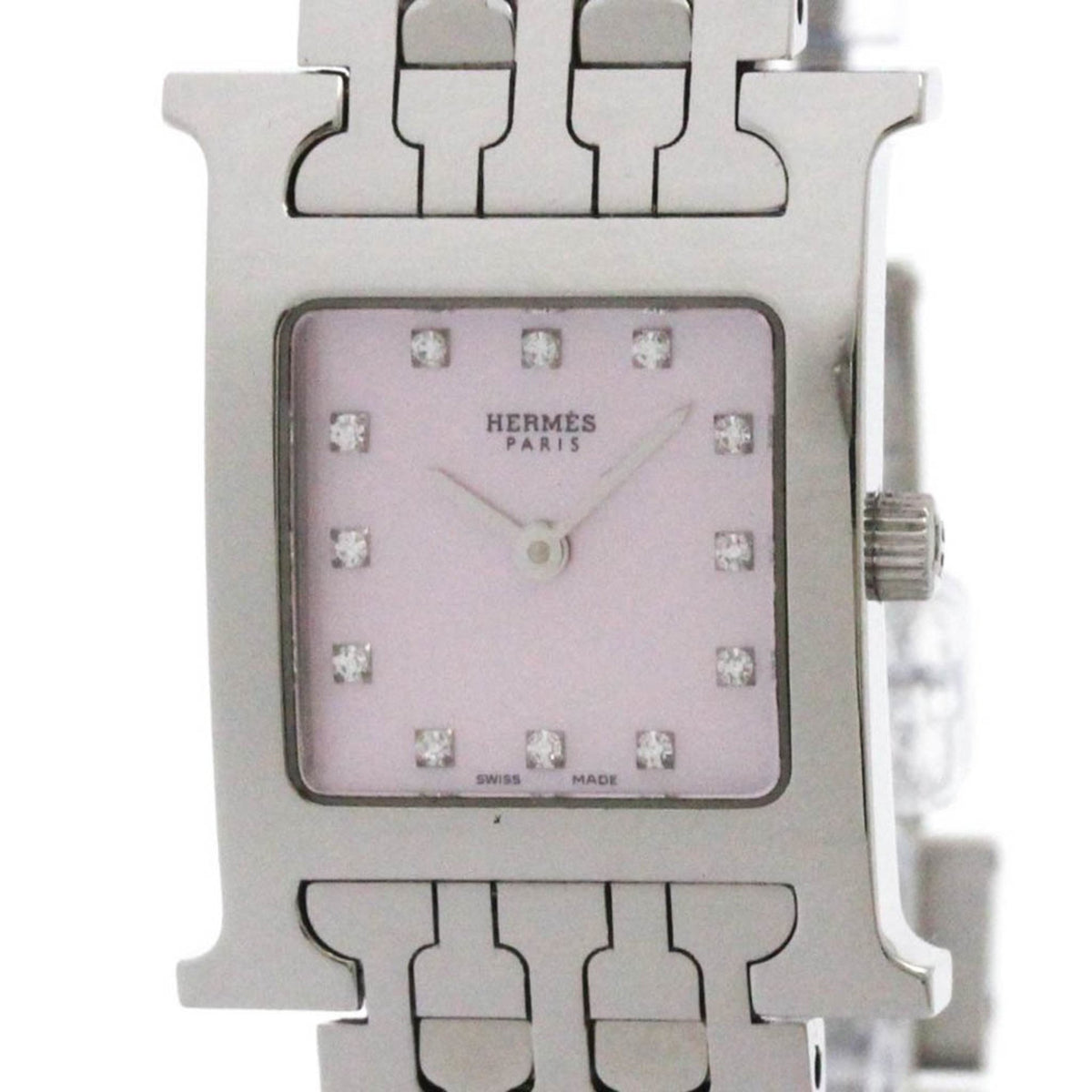 Pre-Owned HERMES H Watch Diamond Pink MOP Dial Steel Quartz Watch HH1.210 Polished