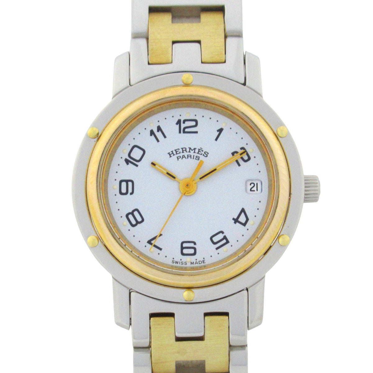 Pre-Owned Hermes Clipper Watch GP (Gold Plated) Stainless Steel Ladies White CL3.240
