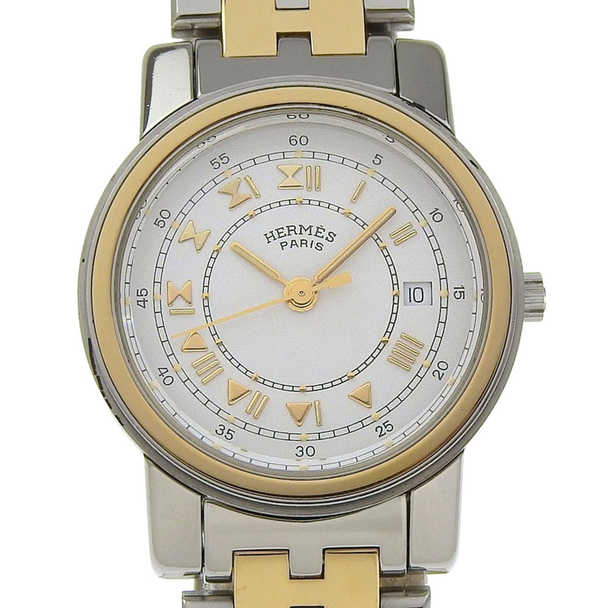 Pre-Owned Herm?s Carrick CA1.220 Stainless Steel Quartz Analog Display White Dial Women's Watch