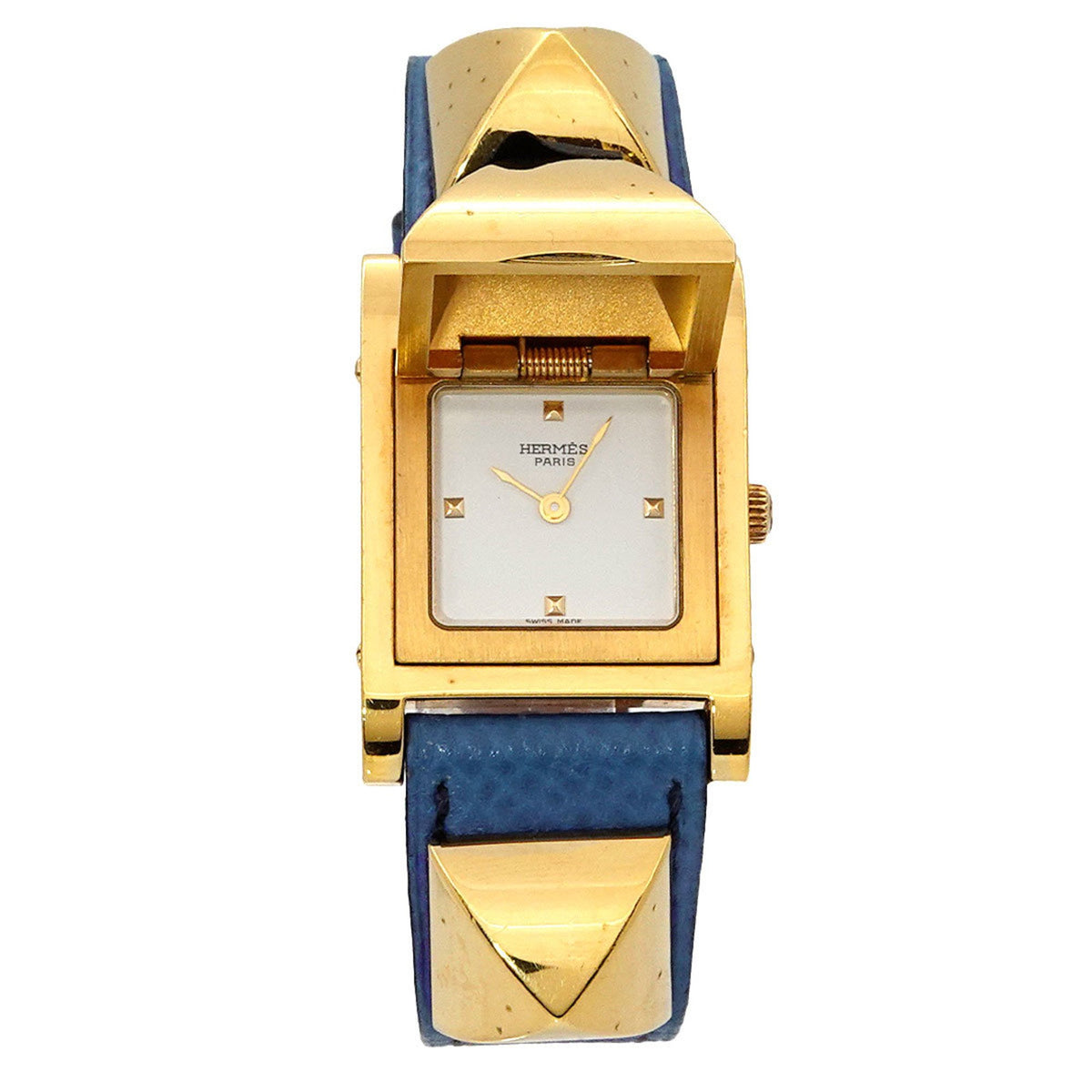 Montre Hermès Medor d'occasion pour femme, modèle Pyramide, clous dorés, cuir blanc et bleu, quartz 