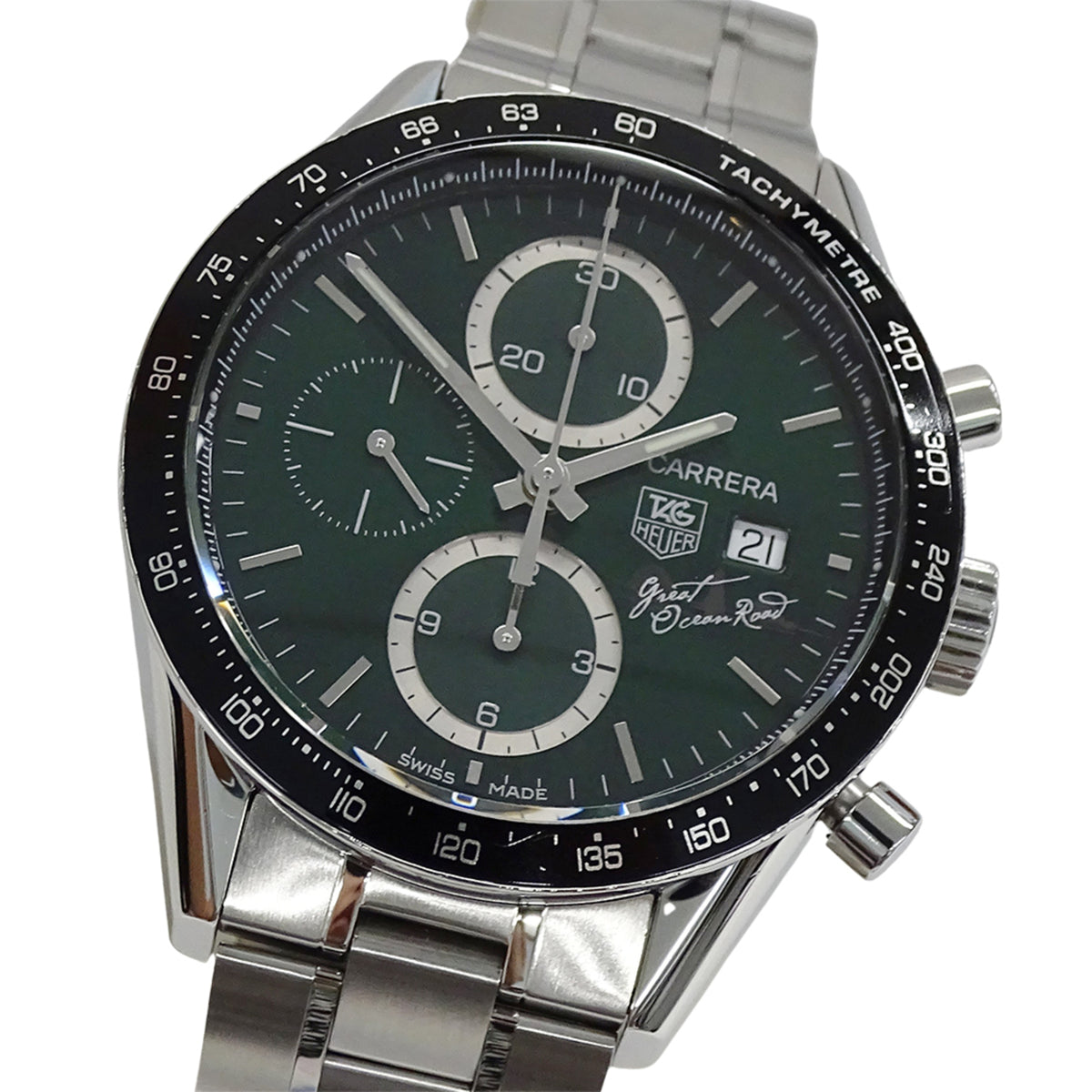 Pre-Owned TAG Heuer Carrera CV201F BA0794 Men's Watch, Great Ocean Road, Limited Edition of 600 in Japan, Automatic, Stainless Steel, Silver/Green, See-through Case, Polished