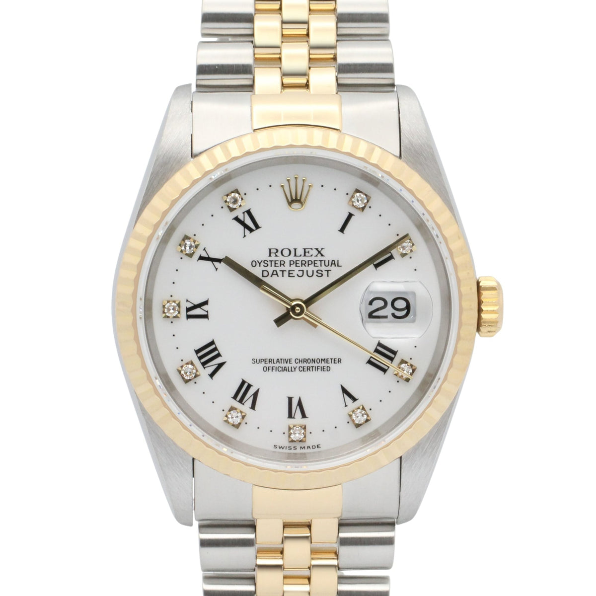 Pre-Owned Rolex Datejust 10P Diamond U-serial Watch, 18K (Yellow Gold) Stainless Steel, Diamond, Men's, White Tone, Roman Numerals, Old Model, 16233G