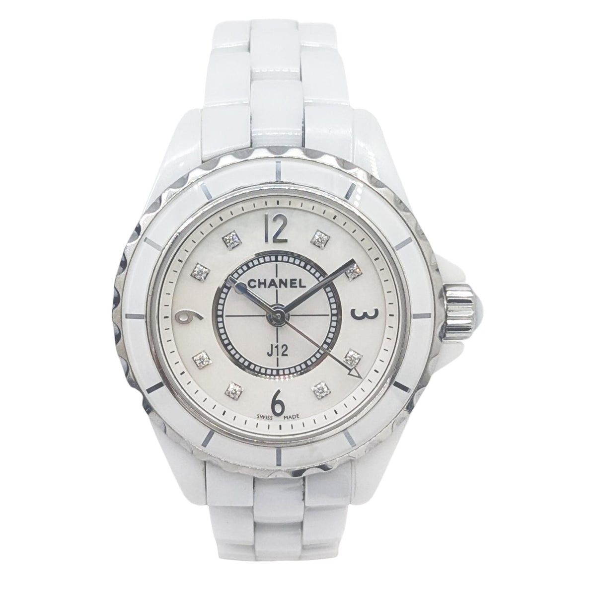 Pre-Owned CHANEL J12 White Ceramic Shell Dial with 8 Diamonds, 29mm, H2570, Quartz Movement, Women's Watch, Battery-Powered