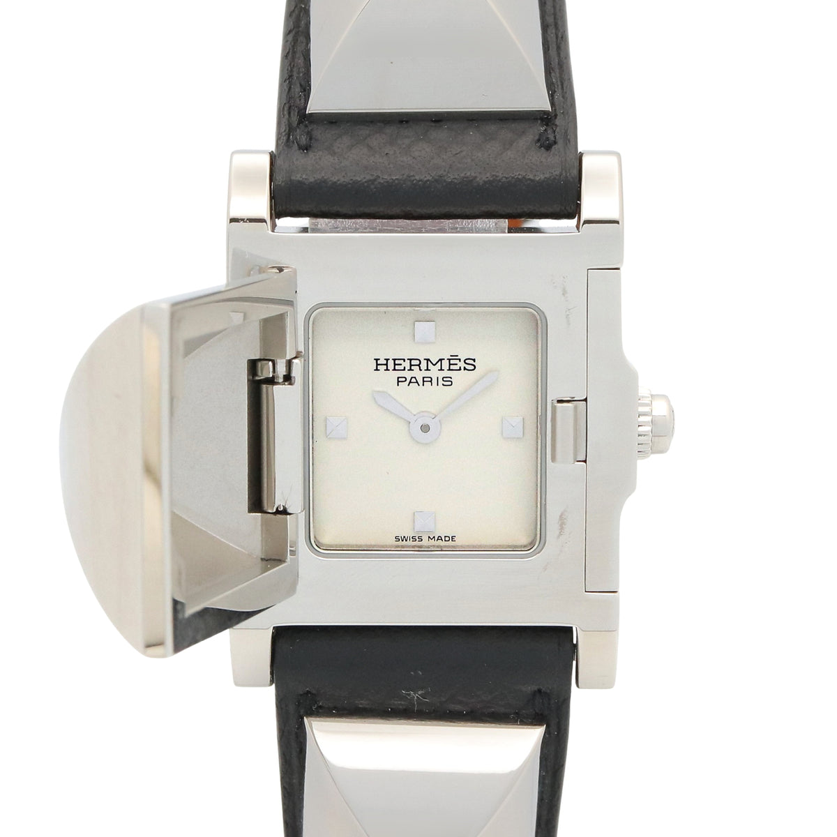 Pre-Owned Hermes Medor watch, stainless steel with leather strap, women's, silver tone, ME3.210