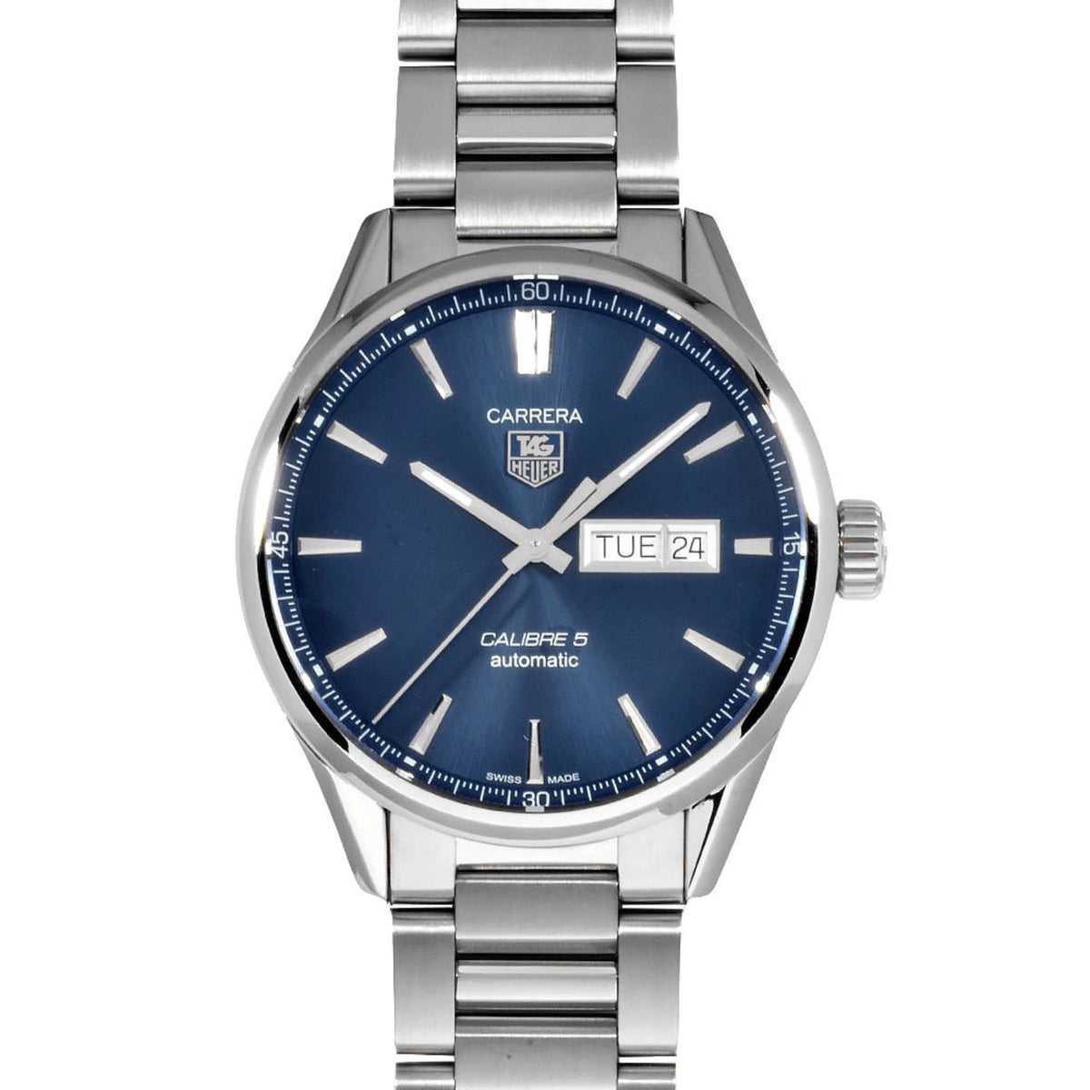 Pre-Owned TAG Heuer WAR201E Carrera Calibre 5 Automatic Watch Blue Dial Day Date Stainless Steel Men's