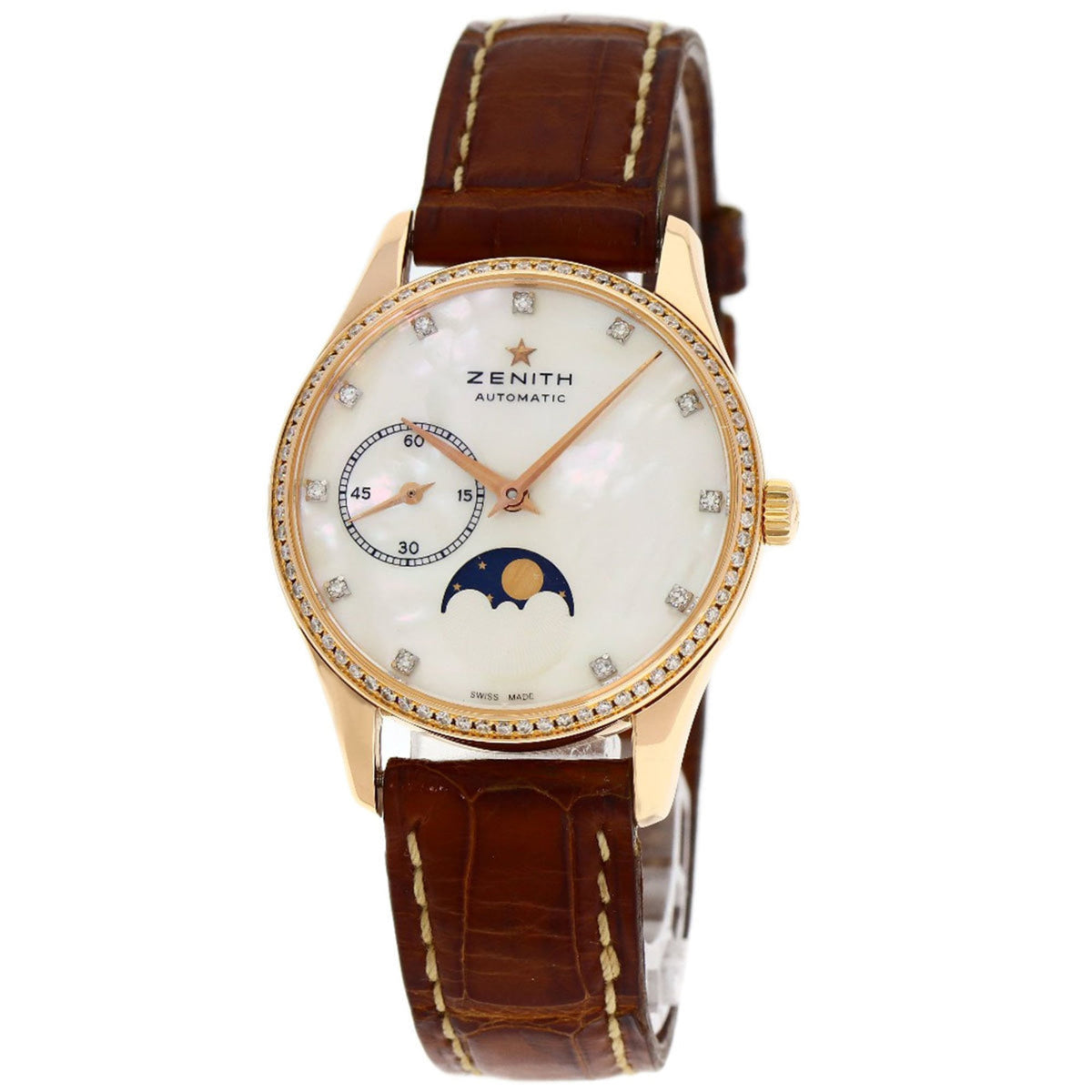 Pre-Owned Zenith 22.2310.692 Elite Ultra-Thin Moon Phase Diamond Watch in 18K Pink Gold and Leather Strap for Women