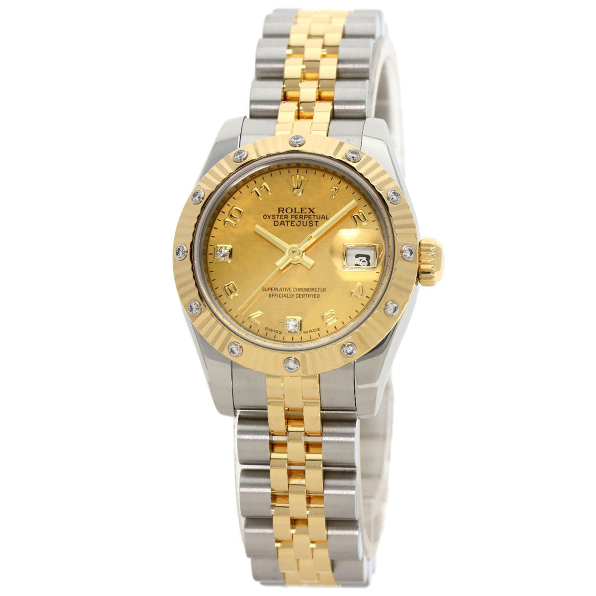 Montre Rolex Datejust 2P d'occasion en acier inoxydable SSxK18YG pour femme, modèle 179313, avec diamants et poussière d'or. 